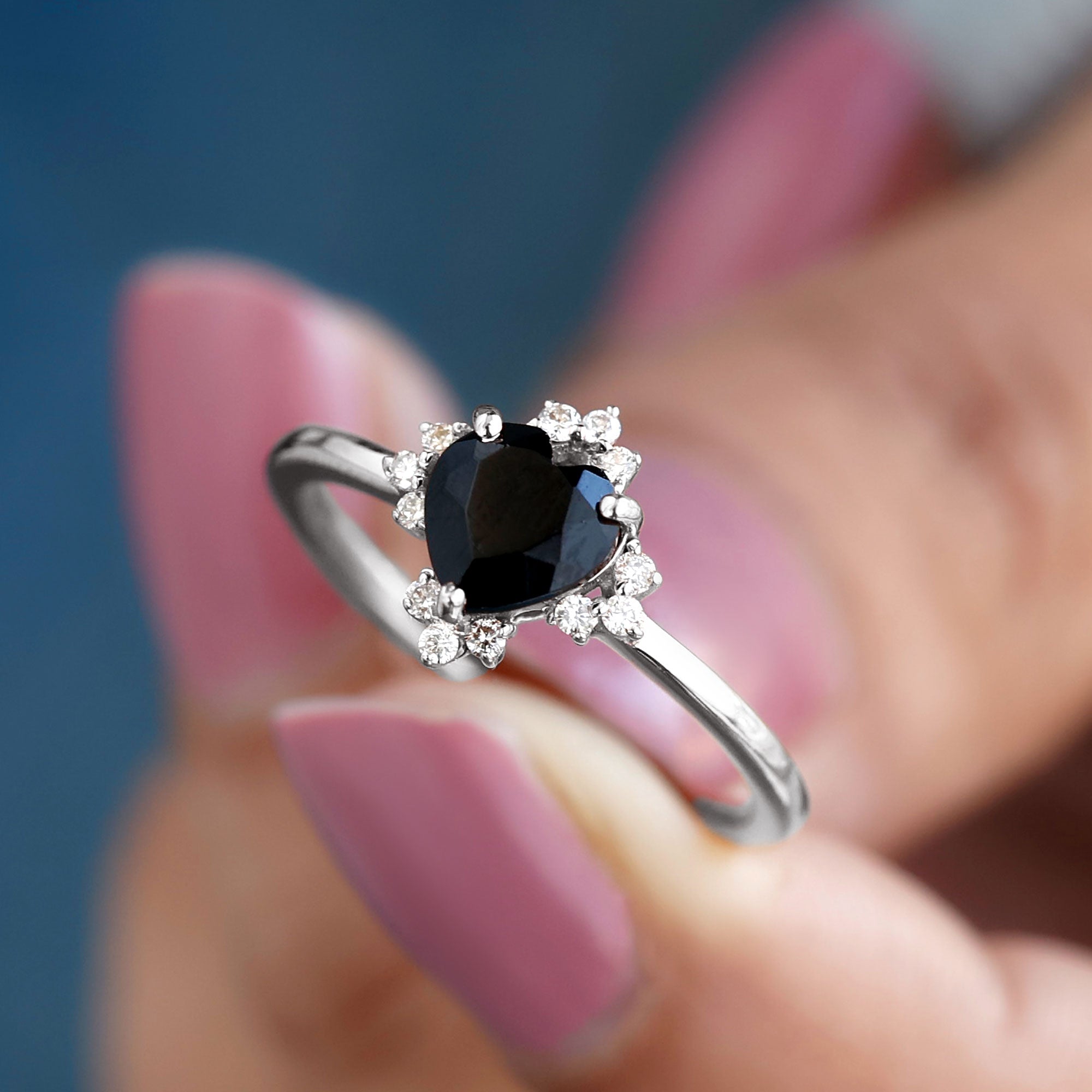 Heart Shape Black Onyx Promise Ring with Diamond Accent Black Onyx - ( AAA ) - Quality - Rosec Jewels