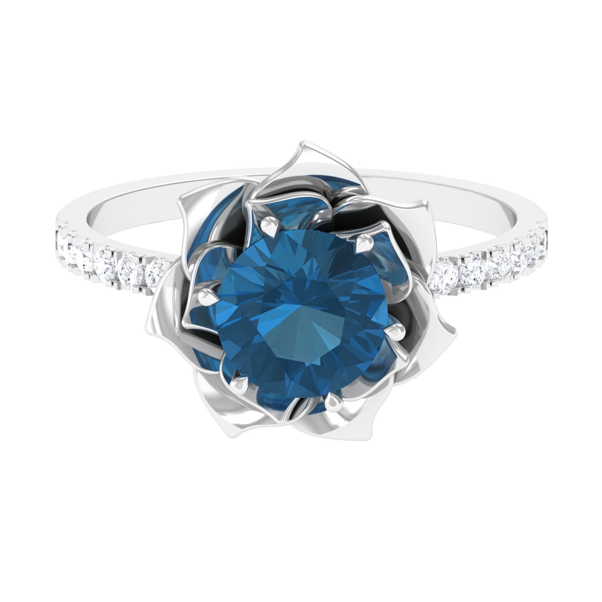 London Blue Topaz Flower Engagement Ring with Diamond London Blue Topaz - ( AAA ) - Quality - Rosec Jewels