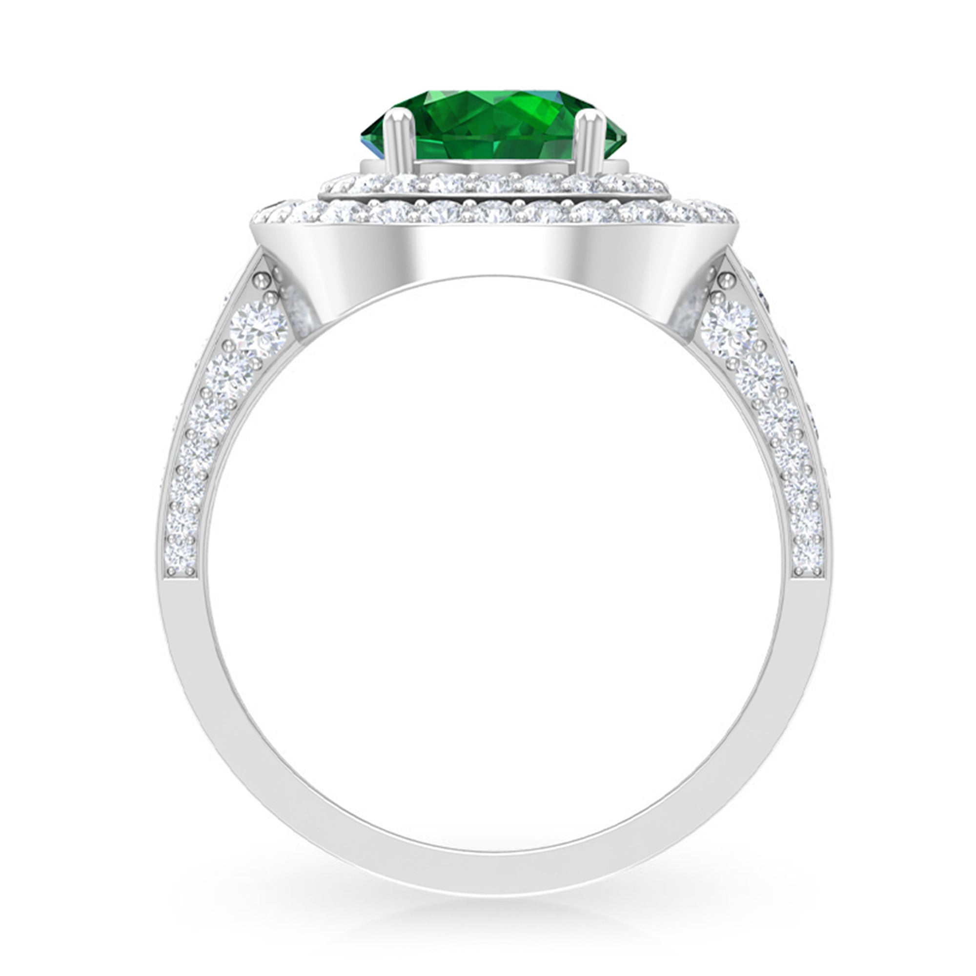 Certified Lab Grown Emerald Double Halo Engagement Ring With Moissanite Lab Created Emerald - ( AAAA ) - Quality - Rosec Jewels