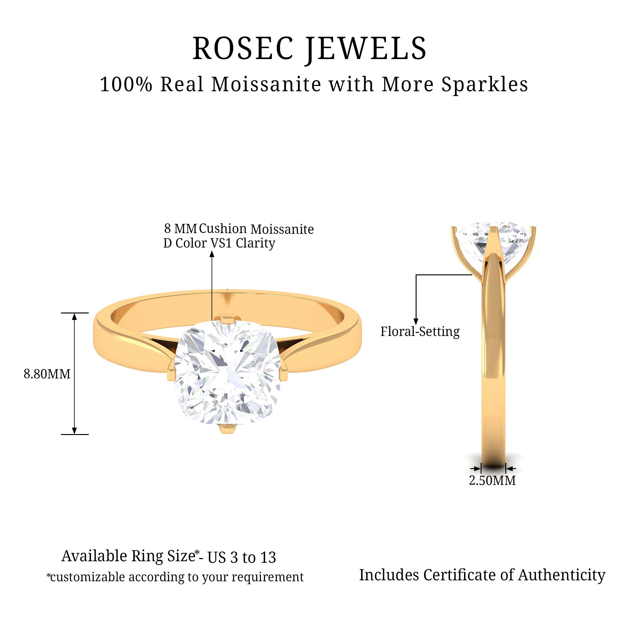 Rosec Jewels-3.25 CT Cushion Shape Moissanite Solitaire Ring