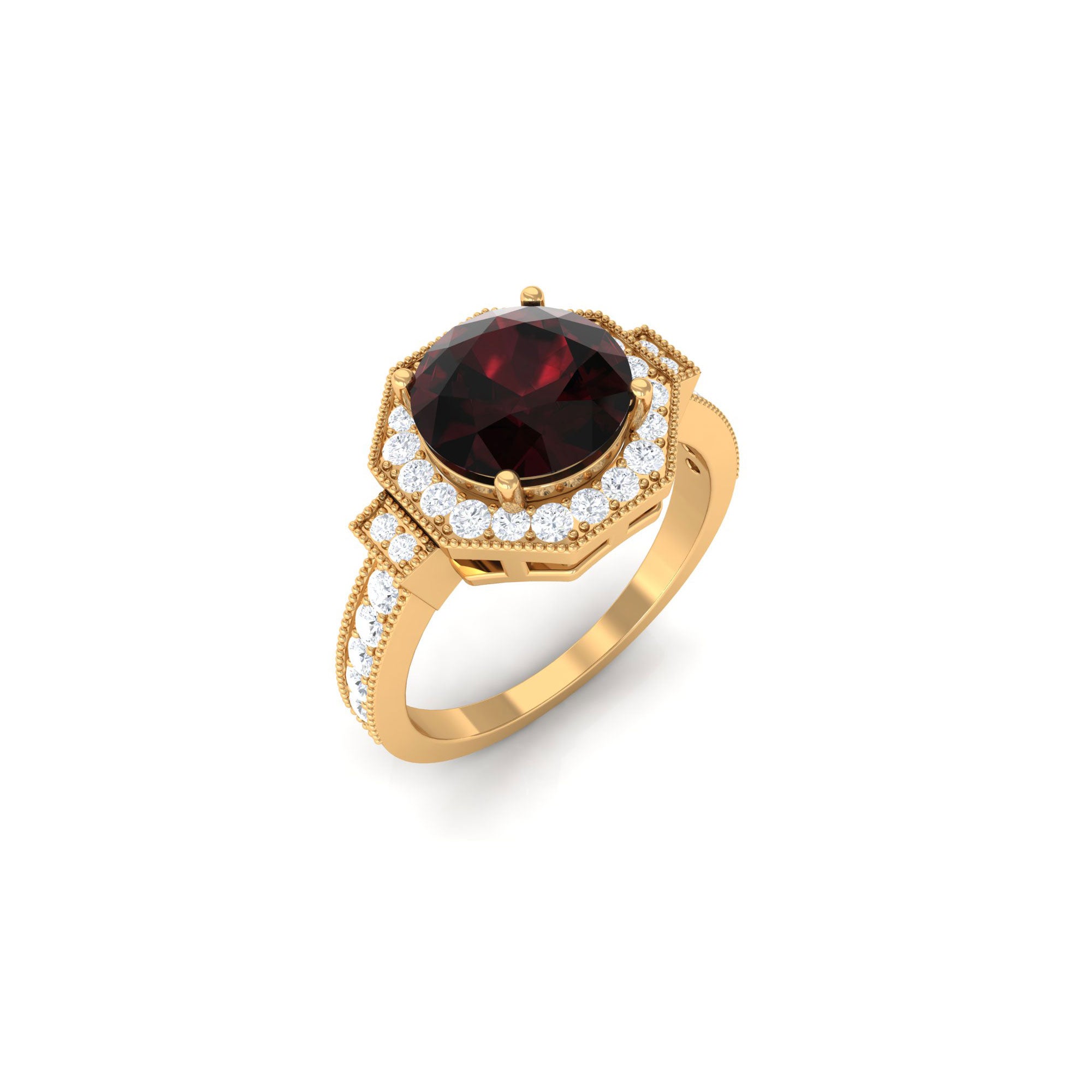 3.25 CT Garnet Vintage Engagement Ring with Diamond Side Stones and Milgrain Detailing Garnet - ( AAA ) - Quality - Rosec Jewels