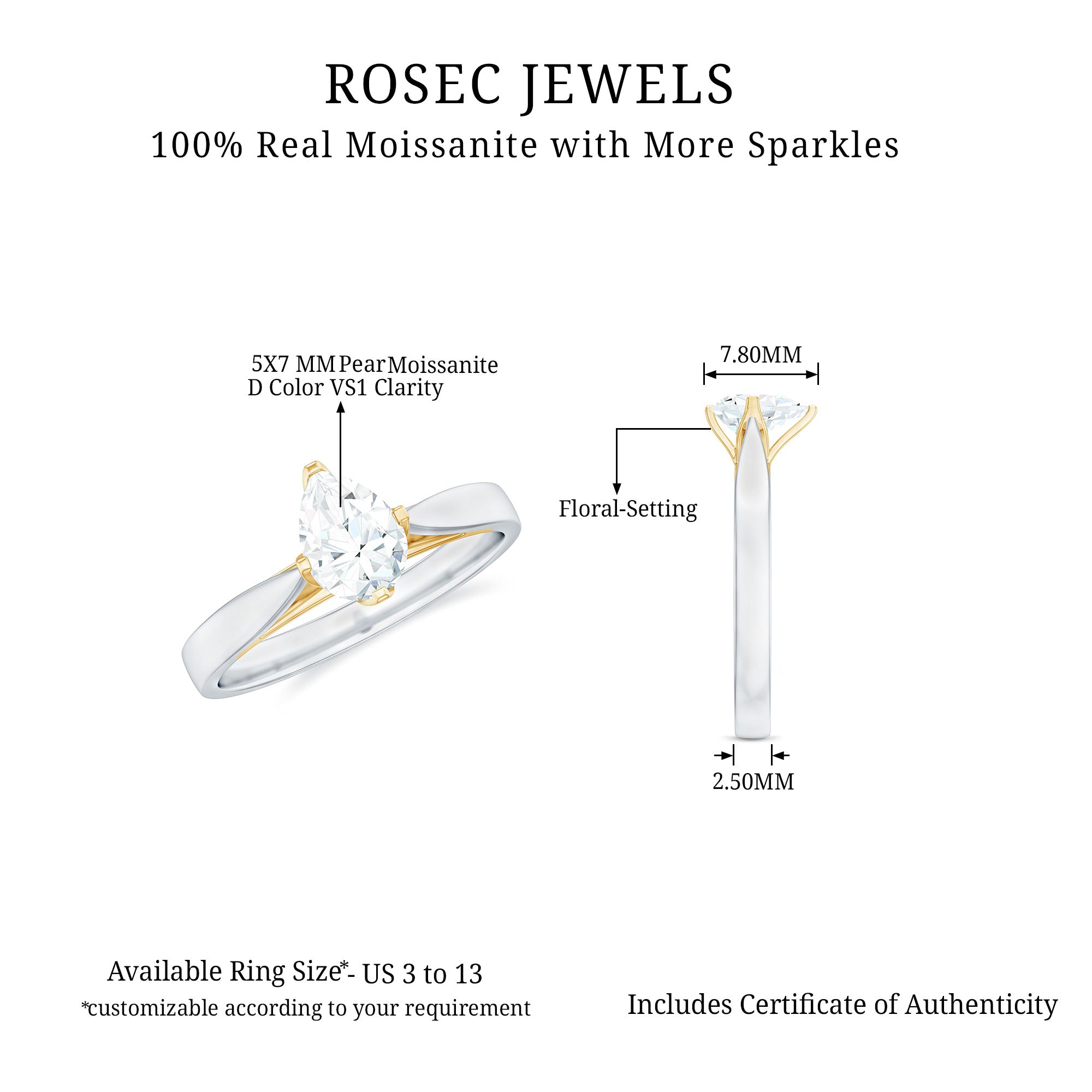 3/4 CT Two Tone Solitaire Ring with Pear Cut Moissanite Moissanite - ( D-VS1 ) - Color and Clarity - Rosec Jewels