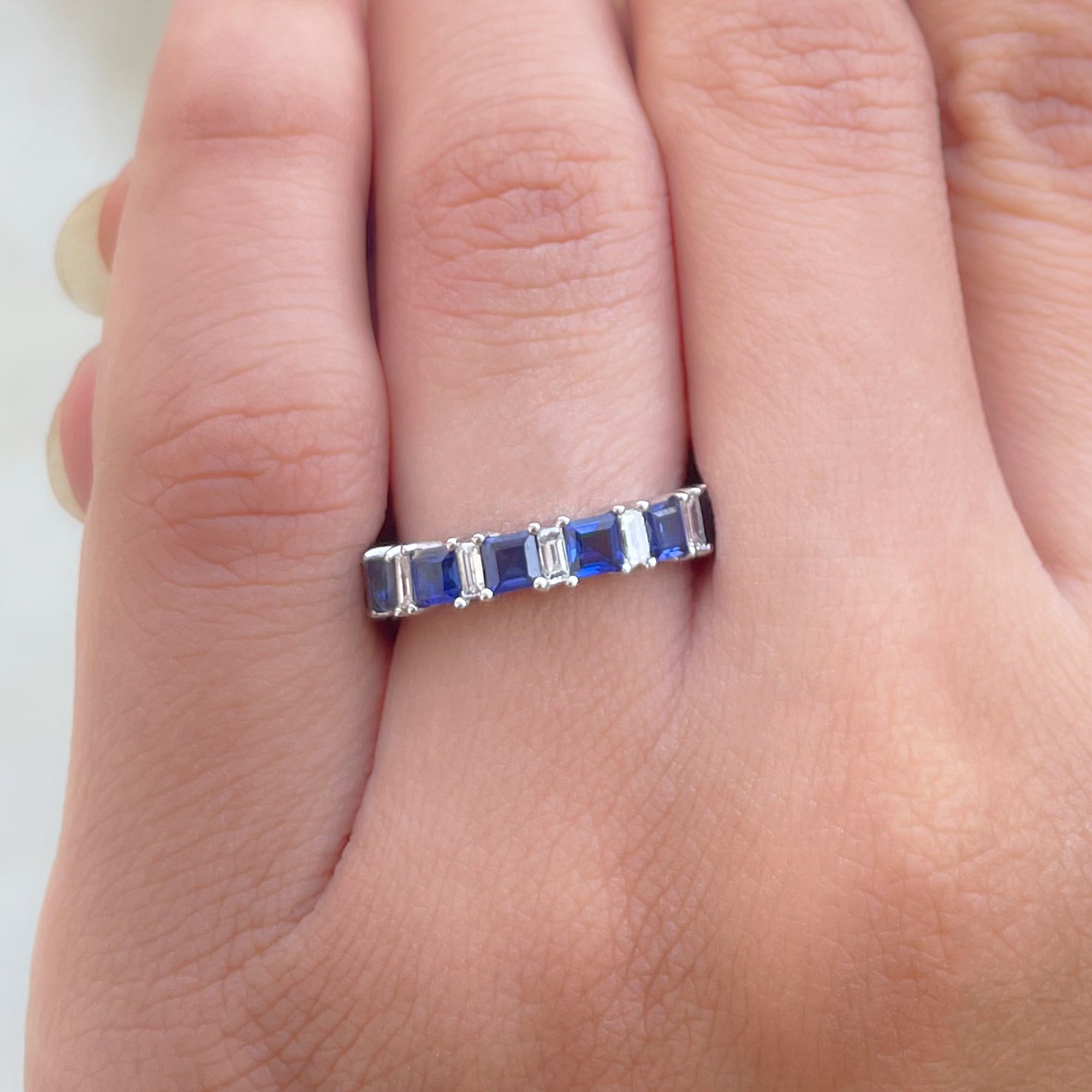 Princess Cut Lab Grown Blue Sapphire Half Eternity Ring with Diamond Lab Created Blue Sapphire - ( AAAA ) - Quality - Rosec Jewels