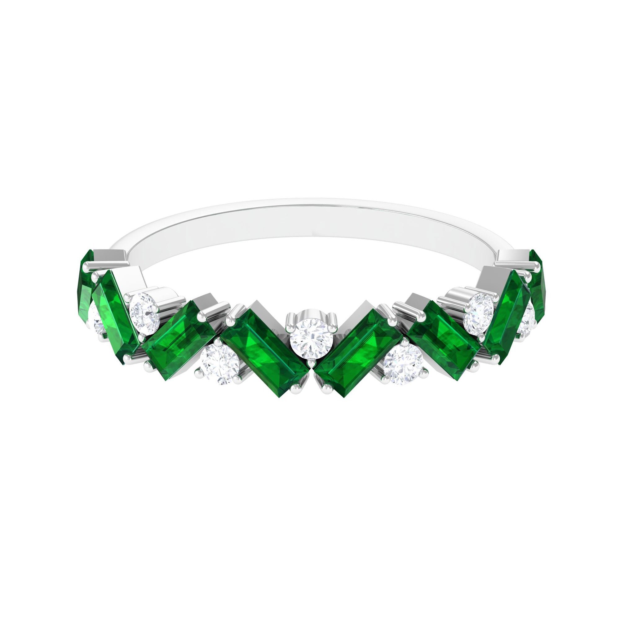 Baguette Shape Lab Grown Emerald Half Eternity Ring with Moissanite Lab Created Emerald - ( AAAA ) - Quality - Rosec Jewels