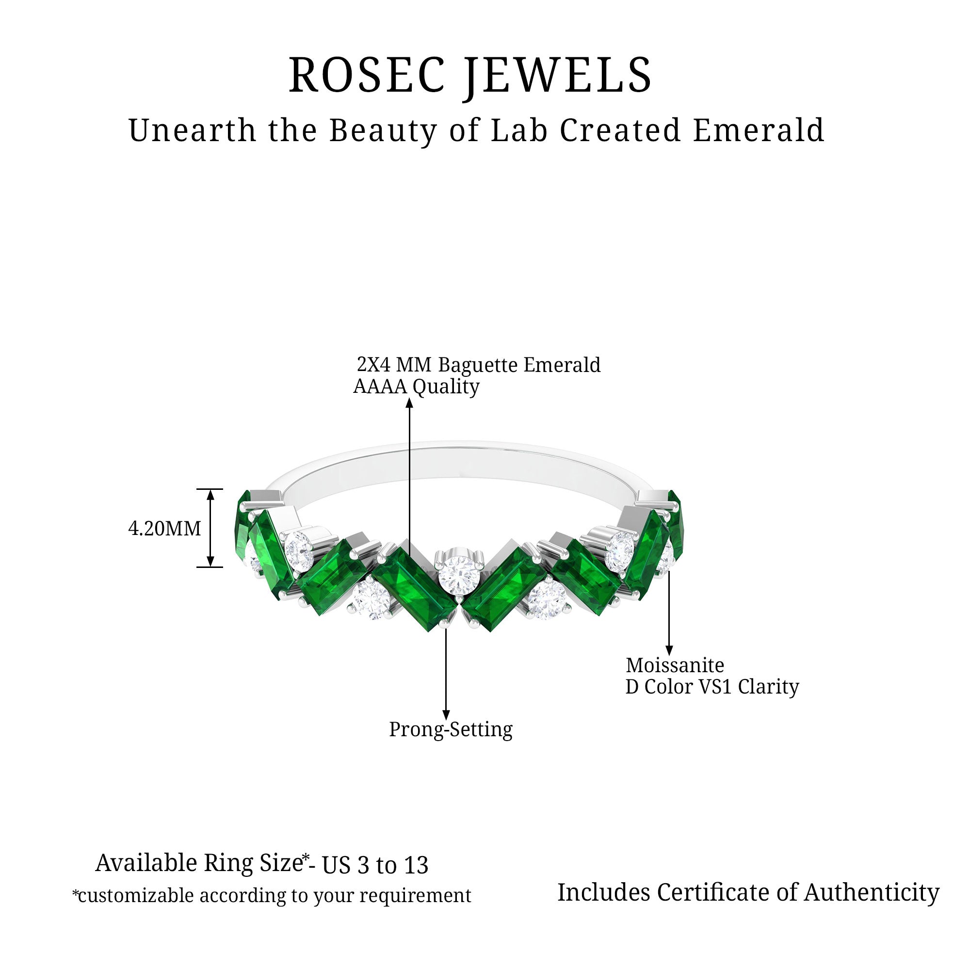 Baguette Shape Lab Grown Emerald Half Eternity Ring with Moissanite Lab Created Emerald - ( AAAA ) - Quality - Rosec Jewels