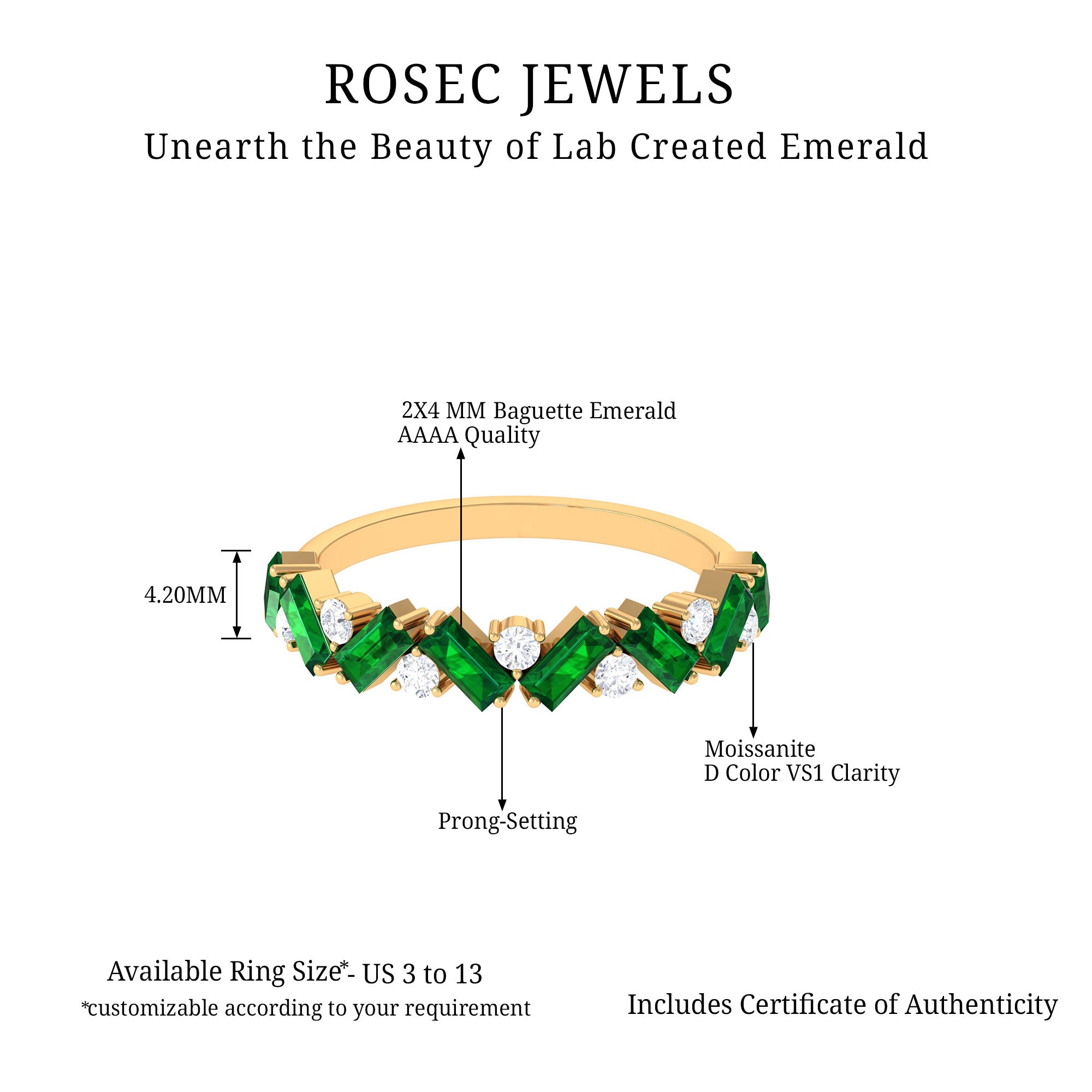 Baguette Shape Lab Grown Emerald Half Eternity Ring with Moissanite Lab Created Emerald - ( AAAA ) - Quality - Rosec Jewels