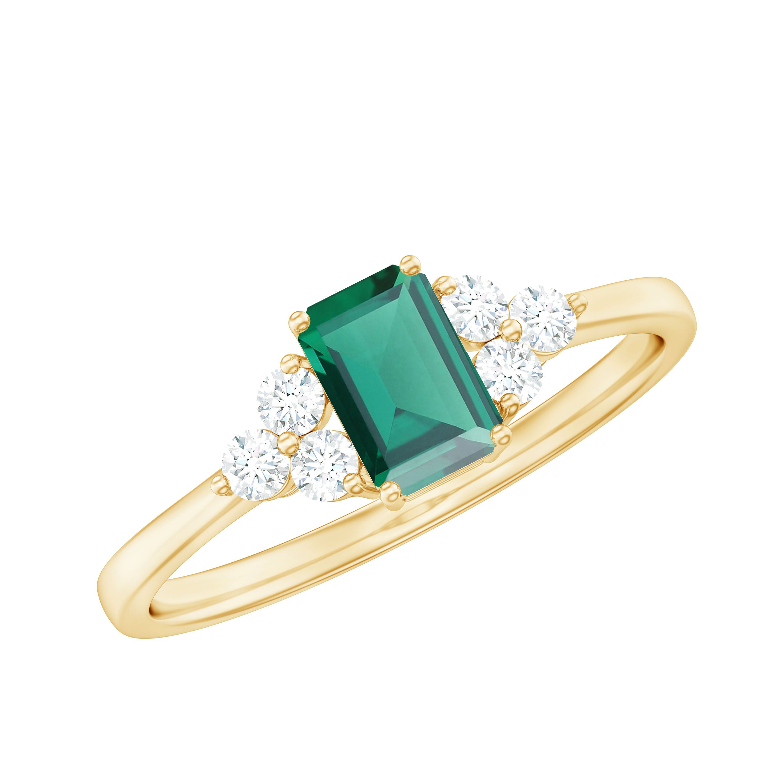 Octagon Cut Created Emerald Solitaire Ring with Diamond Trio Lab Created Emerald - ( AAAA ) - Quality - Rosec Jewels