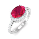 Oval Cut Created Ruby East West Engagement Ring with Diamond Halo Lab Created Ruby - ( AAAA ) - Quality - Rosec Jewels