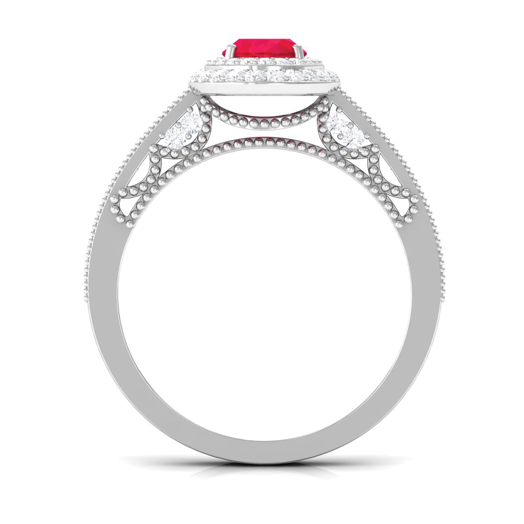 Oval Created Ruby Double Halo Engagement Ring with Diamond Lab Created Ruby - ( AAAA ) - Quality - Rosec Jewels