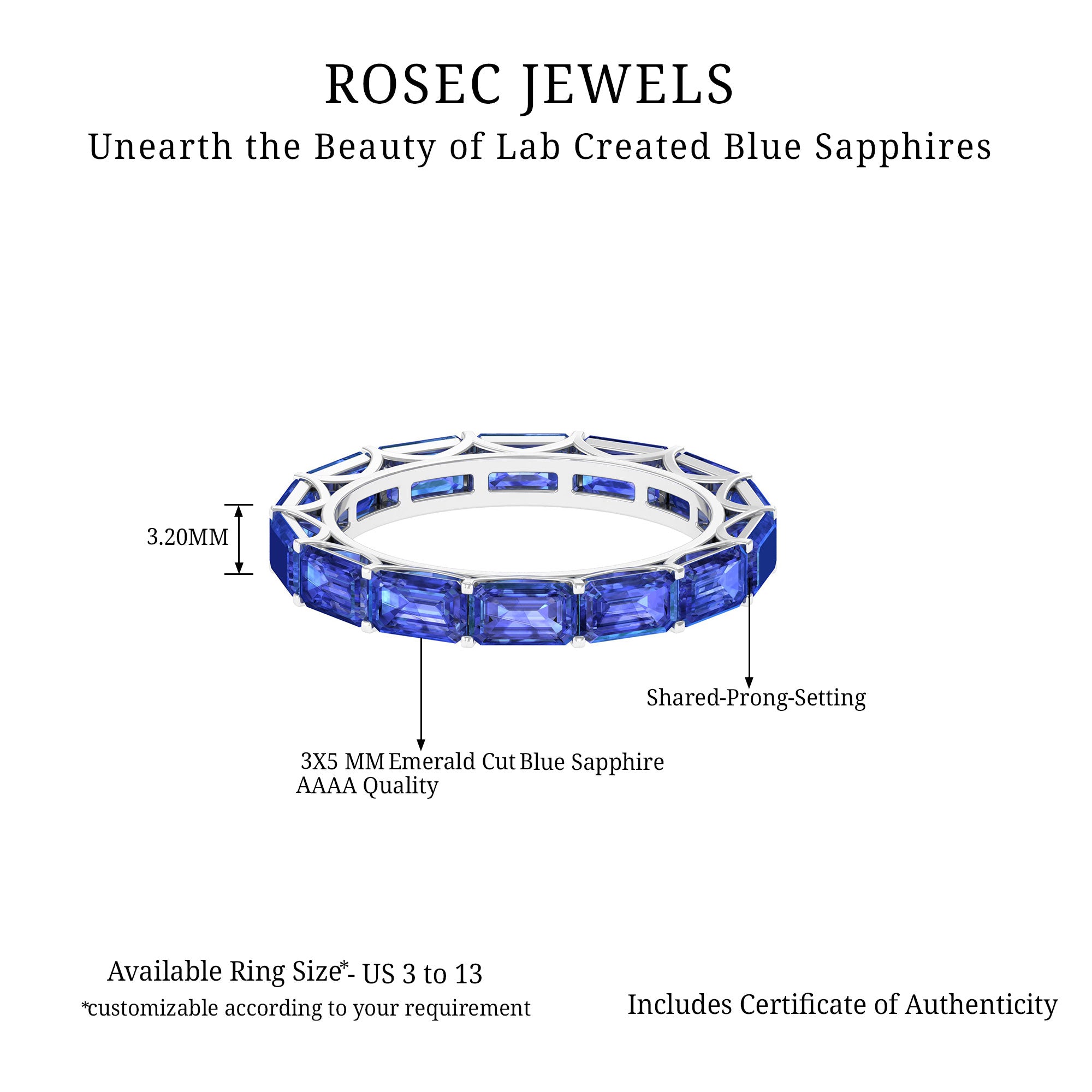 Emerald Cut Created Blue Sapphire East West Eternity Band Ring Lab Created Blue Sapphire - ( AAAA ) - Quality - Rosec Jewels