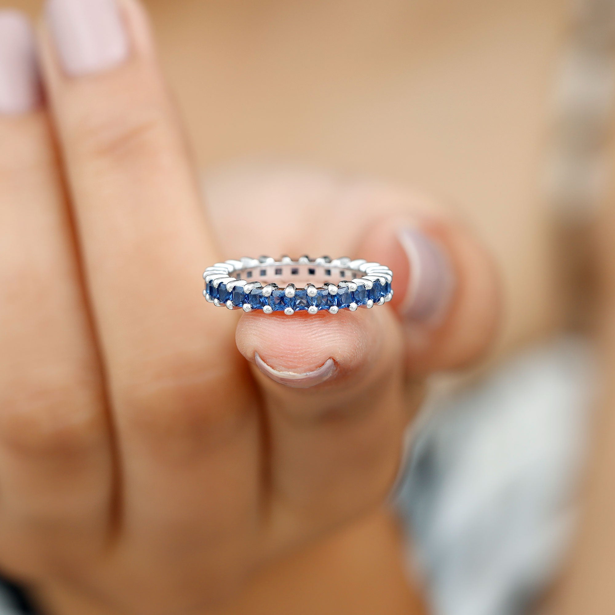 Princess Cut Created Blue Sapphire Stackable Eternity Band Ring in Gold Lab Created Blue Sapphire - ( AAAA ) - Quality - Rosec Jewels