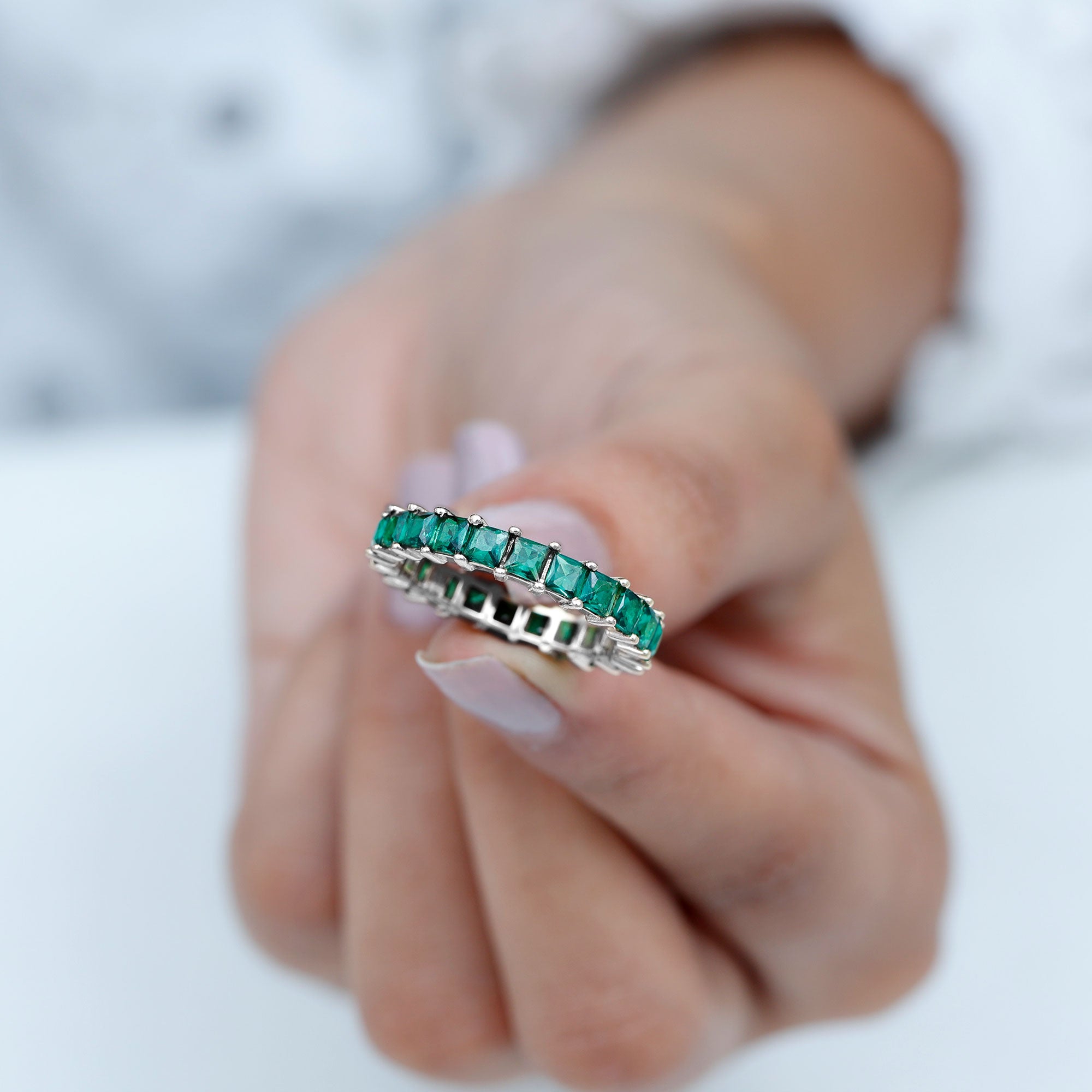 Princess Cut Lab Grown Emerald Full Eternity Ring Lab Created Emerald - ( AAAA ) - Quality - Rosec Jewels