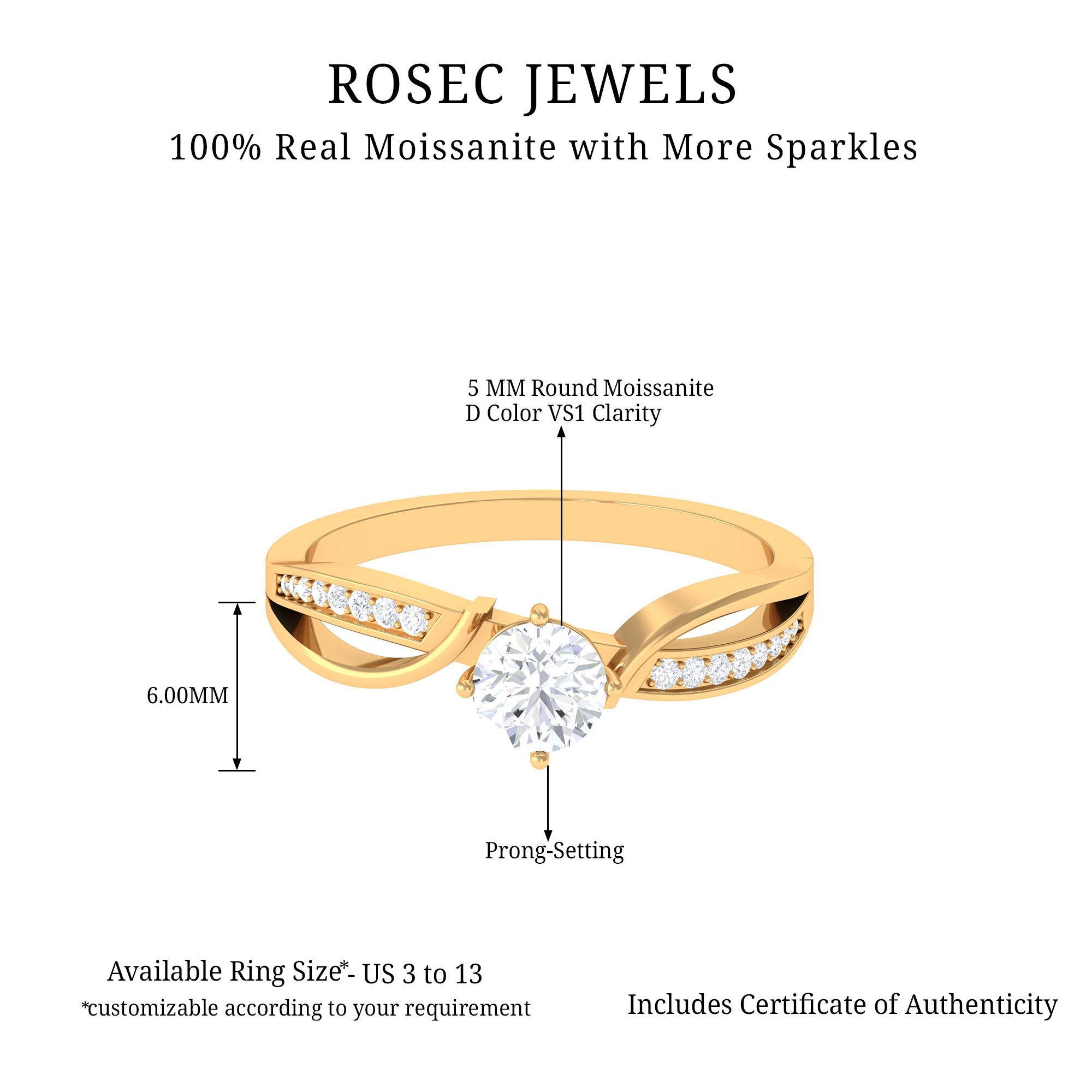 Infinity Shank Round Moissanite Solitaire Engagement Ring in Gold Moissanite - ( D-VS1 ) - Color and Clarity - Rosec Jewels