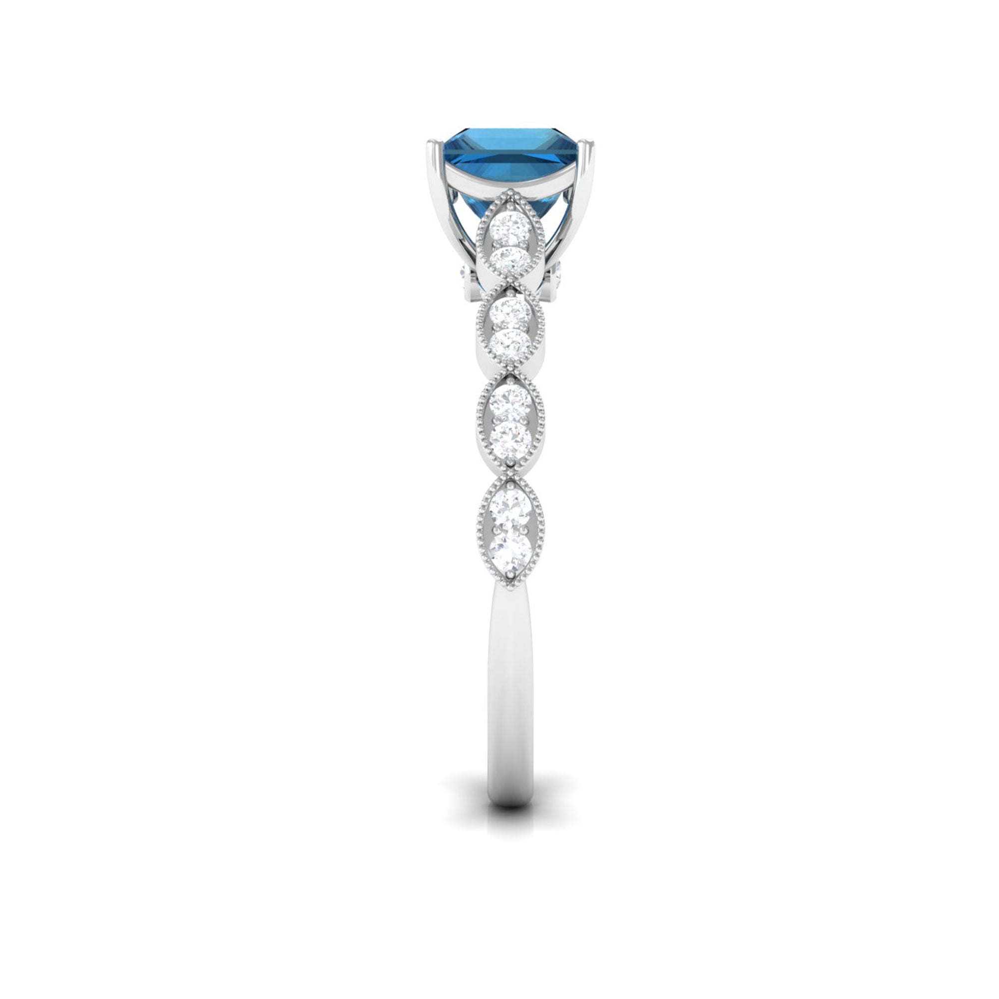 Princess Cut London Blue Topaz Solitaire Ring with Diamond Side Stones London Blue Topaz - ( AAA ) - Quality - Rosec Jewels