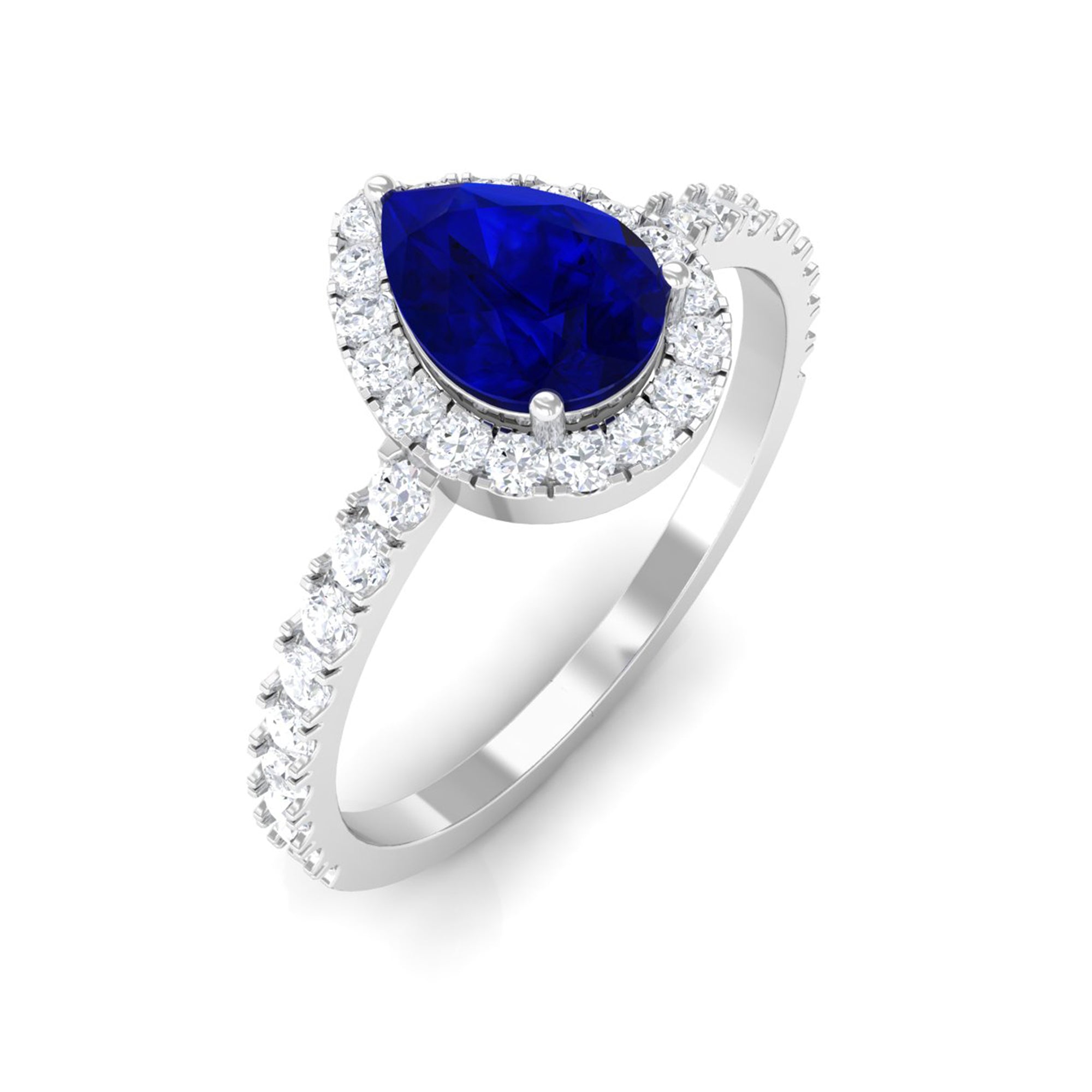 Natural Blue Sapphire and Diamond Teardrop Halo Engagement Ring Blue Sapphire - ( AAA ) - Quality - Rosec Jewels