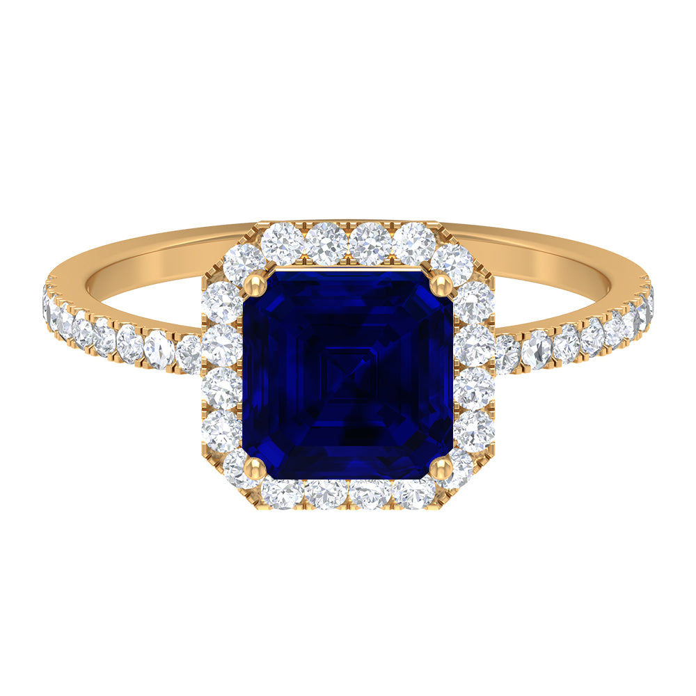 Asscher Cut Created Blue Sapphire Classic Halo Engagement Ring with Diamond Lab Created Blue Sapphire - ( AAAA ) - Quality - Rosec Jewels