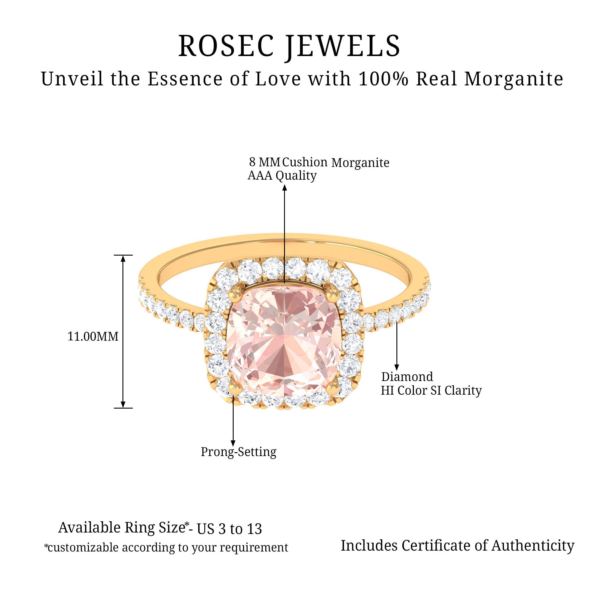 Real Morganite Engagement Ring with Diamond Halo Morganite - ( AAA ) - Quality - Rosec Jewels