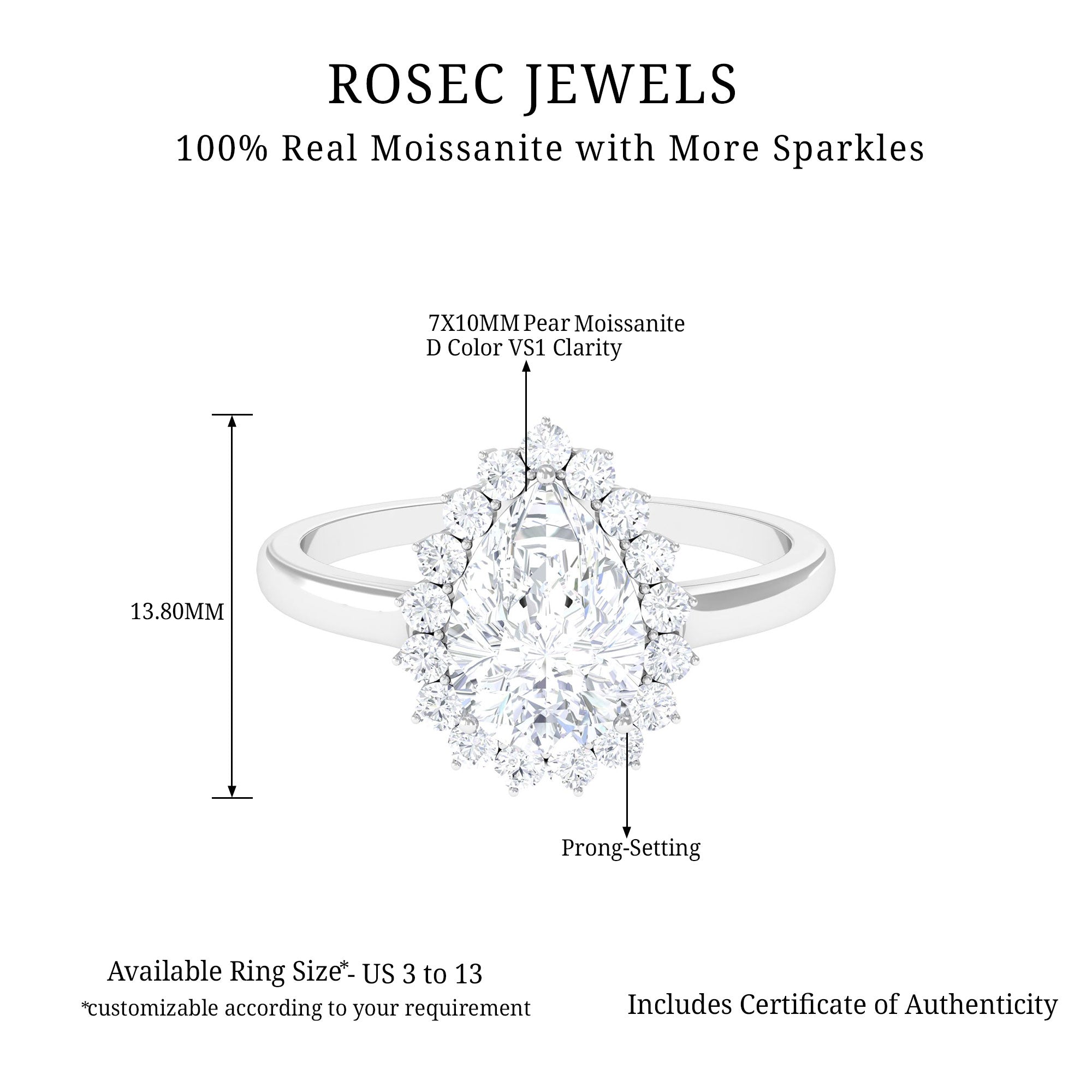 Pear Cut Moissanite Halo Engagement Ring Moissanite - ( D-VS1 ) - Color and Clarity - Rosec Jewels