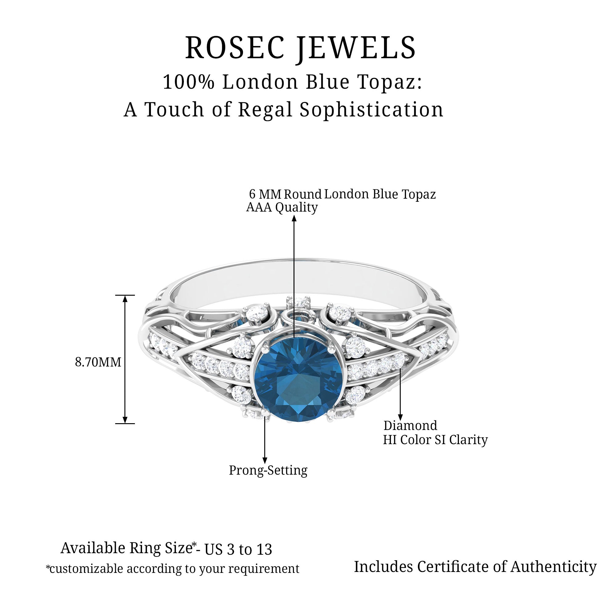 Natural London Blue Topaz Vintage Inspired Ring with Diamond London Blue Topaz - ( AAA ) - Quality - Rosec Jewels