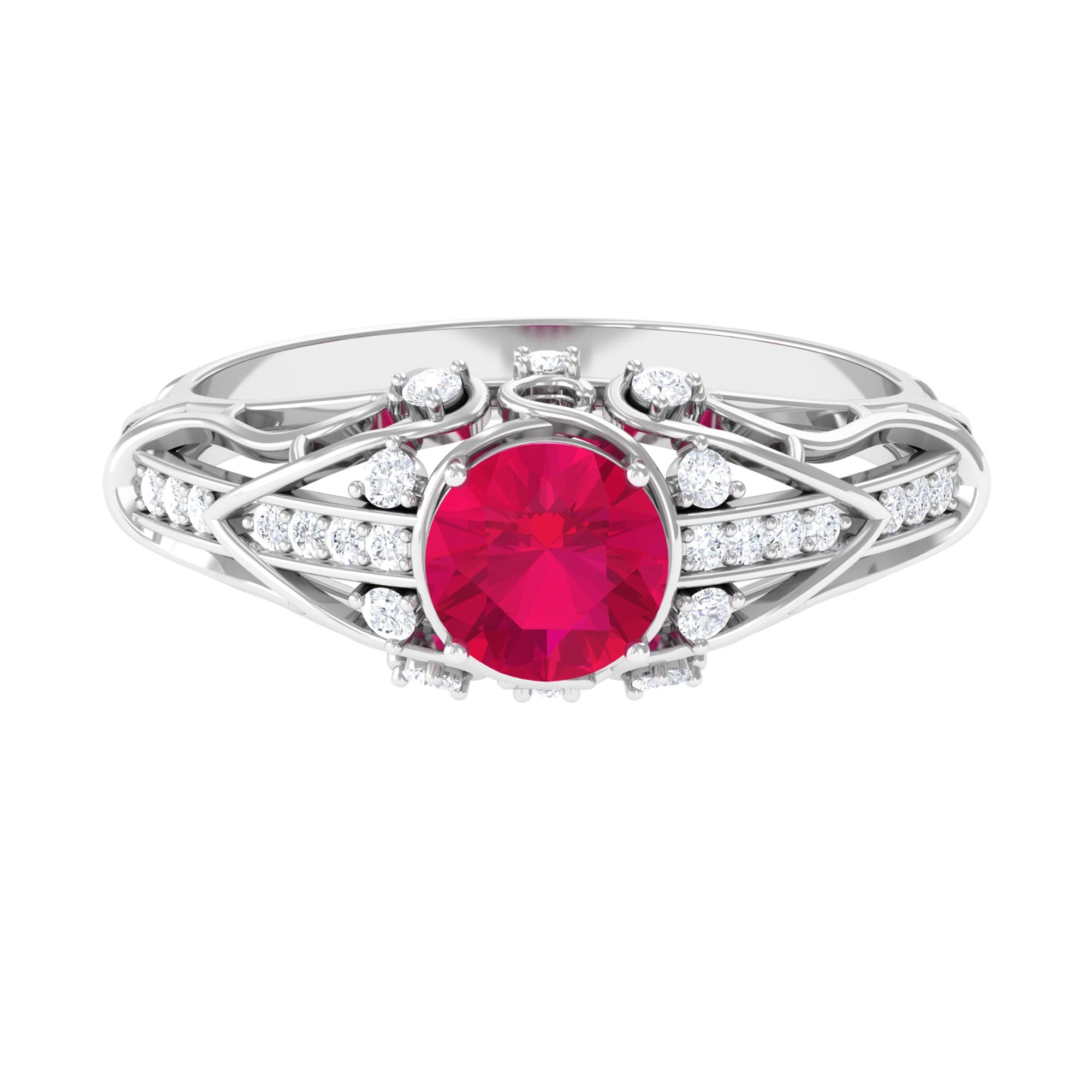 Vintage Inspired Ruby Engagement Ring with Diamond Ruby - ( AAA ) - Quality - Rosec Jewels