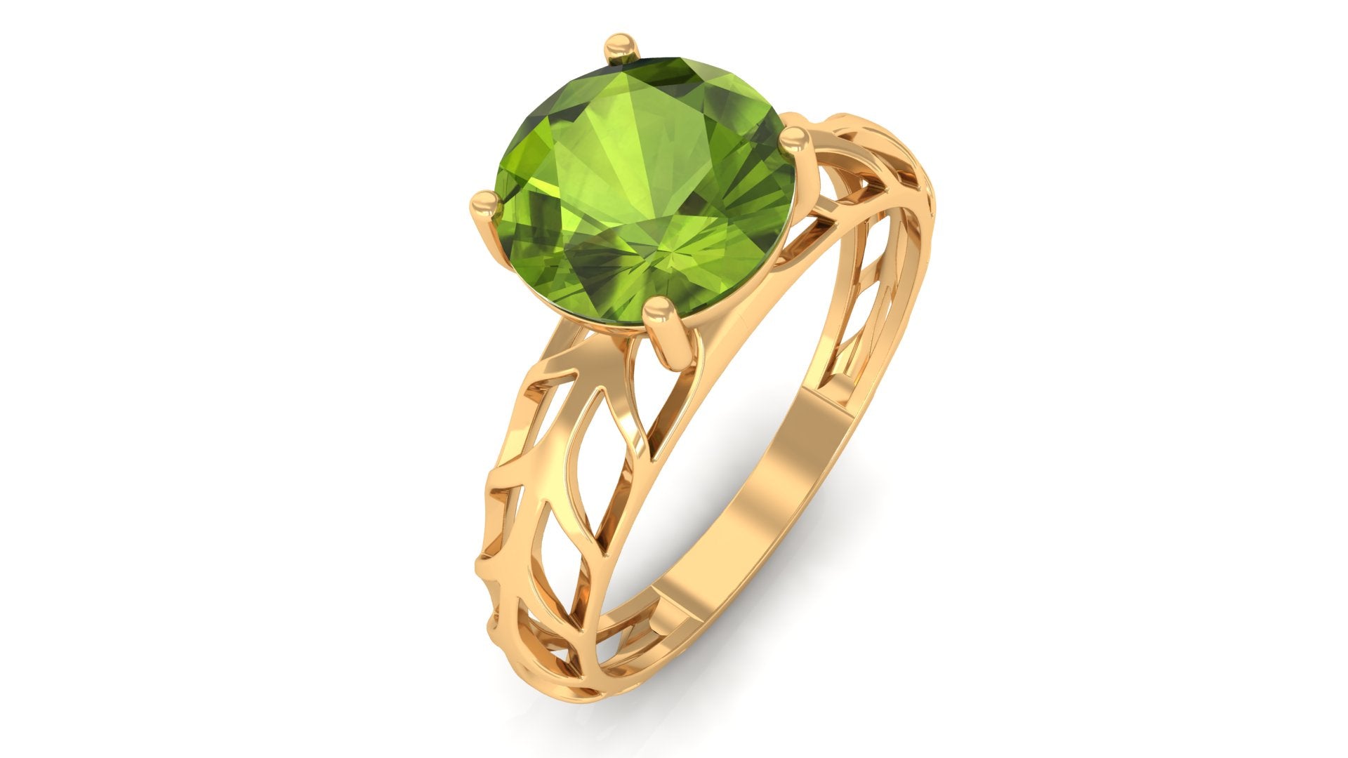 8 MM Round Peridot Solitaire Gold Cut Work Ring in Prong Setting Peridot - ( AAA ) - Quality - Rosec Jewels