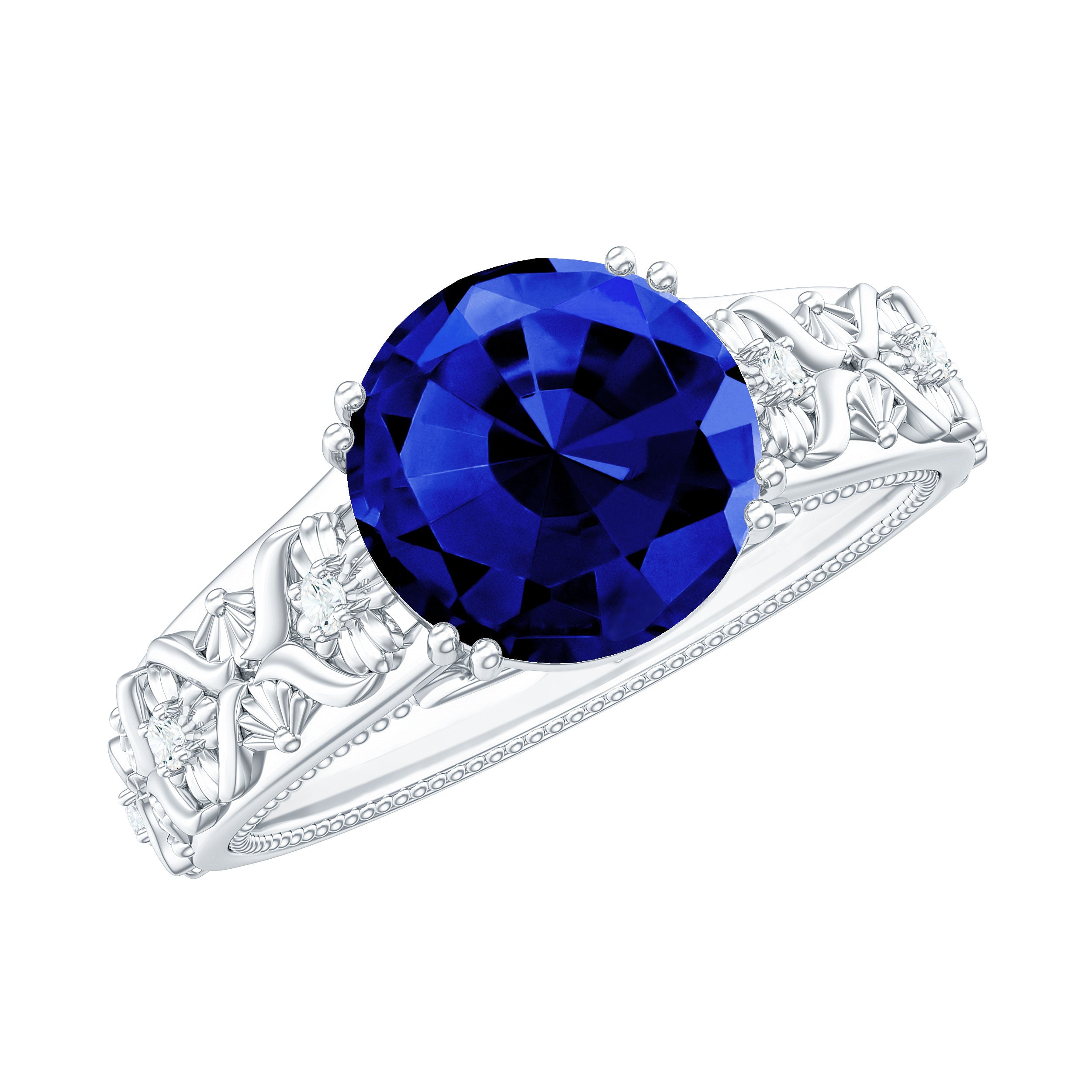 Solitaire Lab Grown Blue Sapphire Flower Engagement Ring with Diamond Lab Created Blue Sapphire - ( AAAA ) - Quality - Rosec Jewels