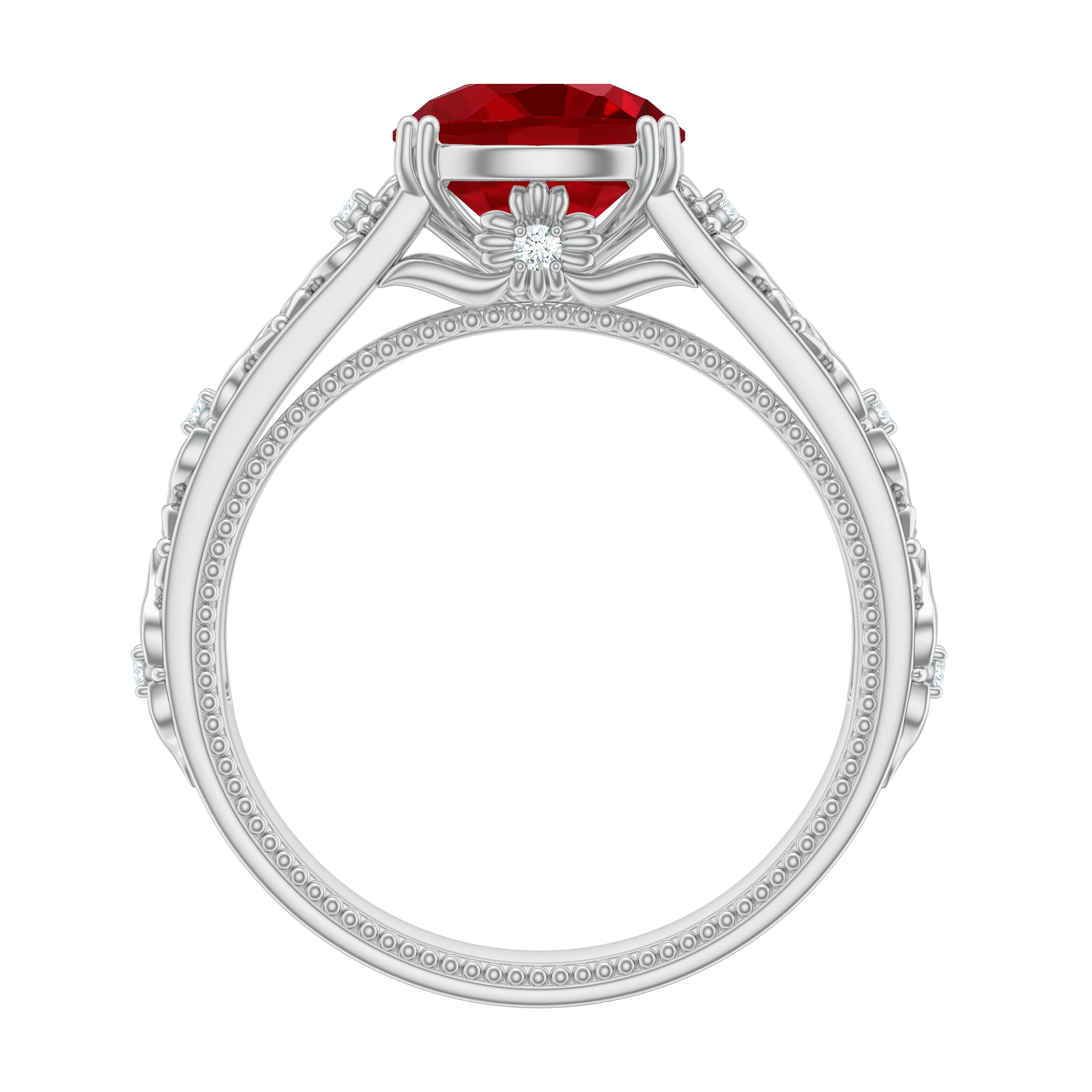 Solitaire Created Ruby Gold Flower Engagement Ring with Moissanite Lab Created Ruby - ( AAAA ) - Quality - Rosec Jewels