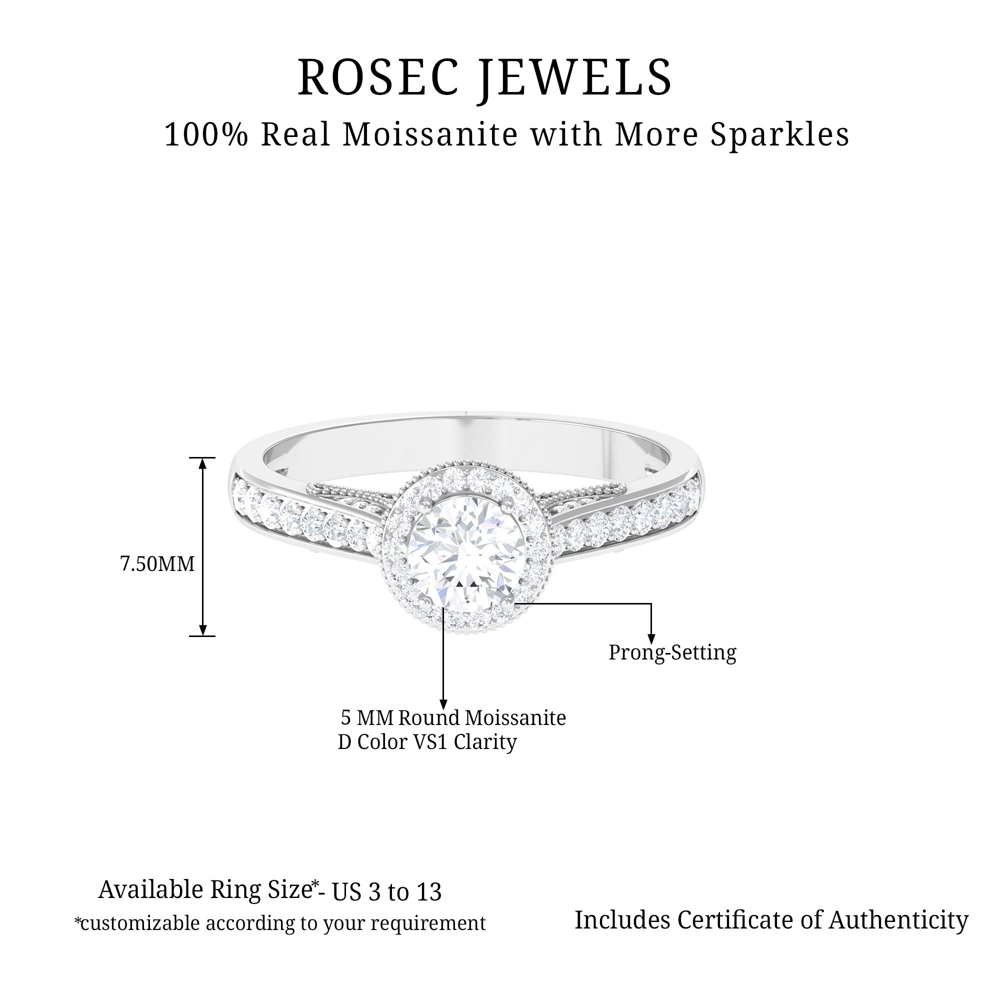 Vintage Moissanite Crown Engagement Ring Moissanite - ( D-VS1 ) - Color and Clarity 92.5 Sterling Silver 6.5 - Rosec Jewels