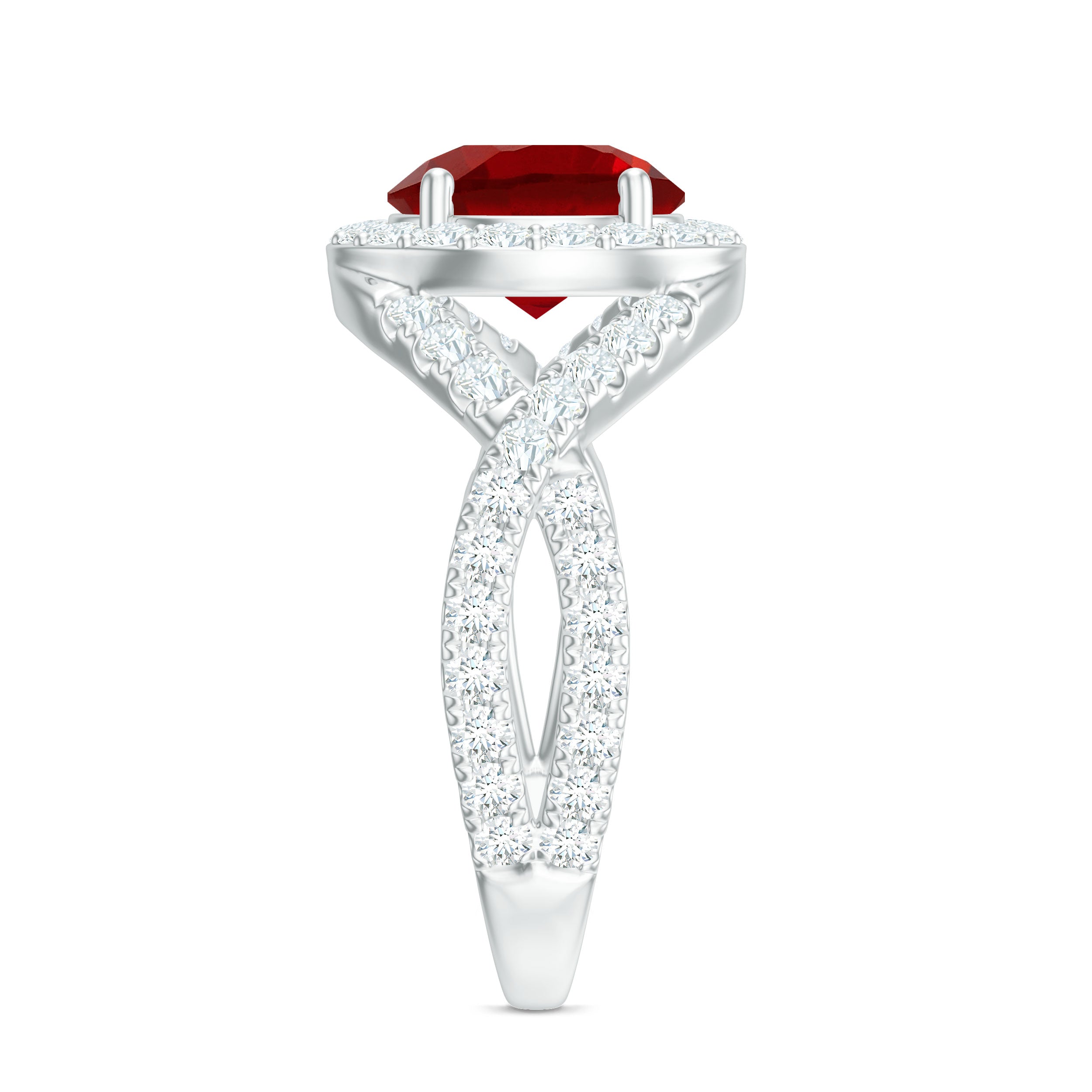 Classic Created Ruby Crossover Engagement Ring with Moissanite Accent Lab Created Ruby - ( AAAA ) - Quality - Rosec Jewels