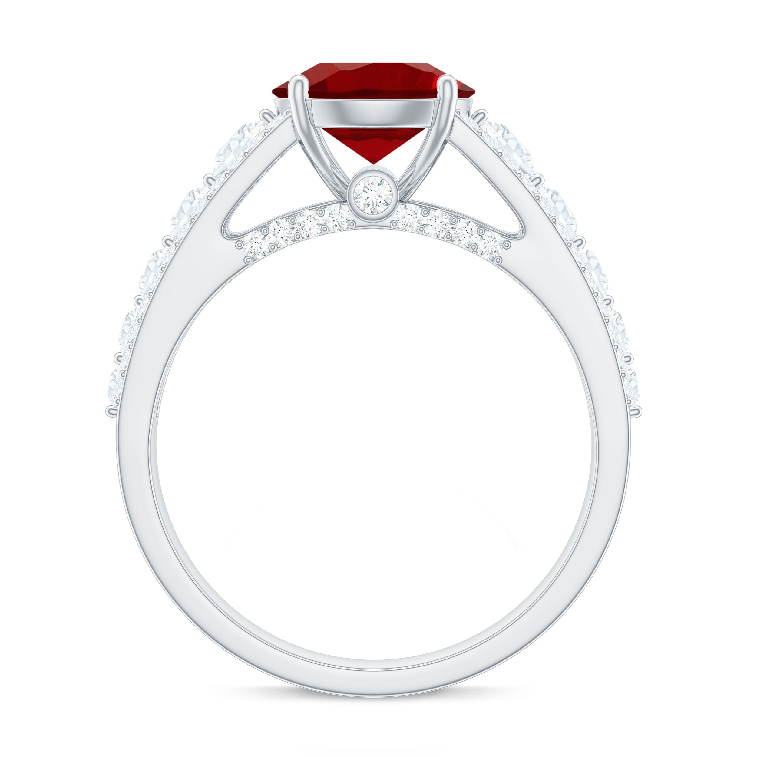 Created Ruby Statement Engagement Ring with Moissanite Side Stones Lab Created Ruby - ( AAAA ) - Quality - Rosec Jewels