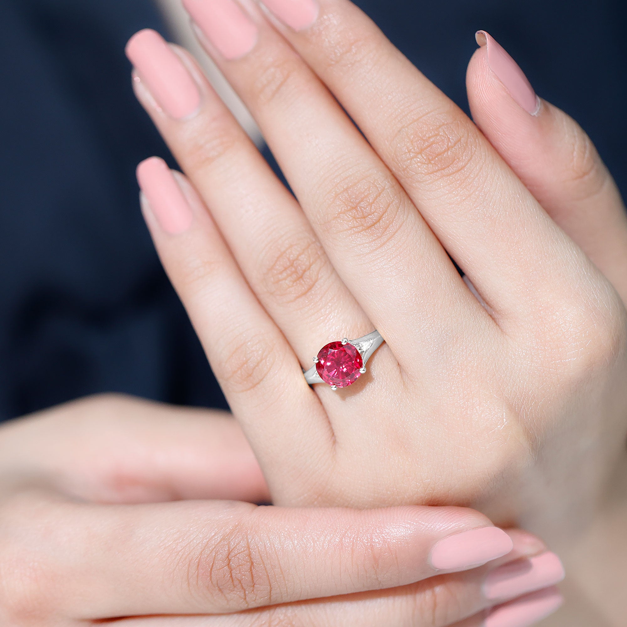 Split Shank Round Created Ruby Solitaire Ring with Surprise Diamond Lab Created Ruby - ( AAAA ) - Quality - Rosec Jewels