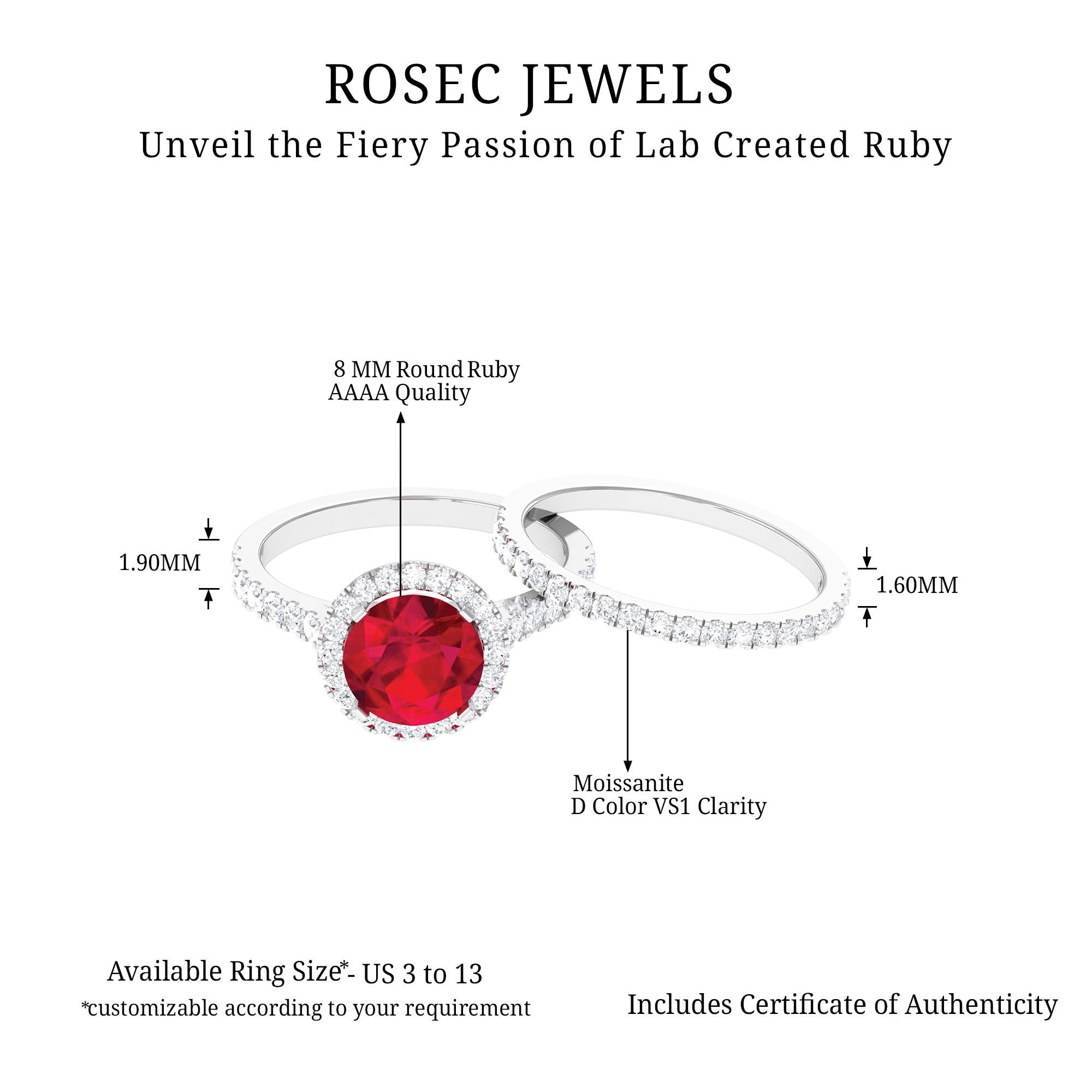 Created Ruby Halo Wedding Ring Set in Gold with Moissanite Lab Created Ruby - ( AAAA ) - Quality - Rosec Jewels