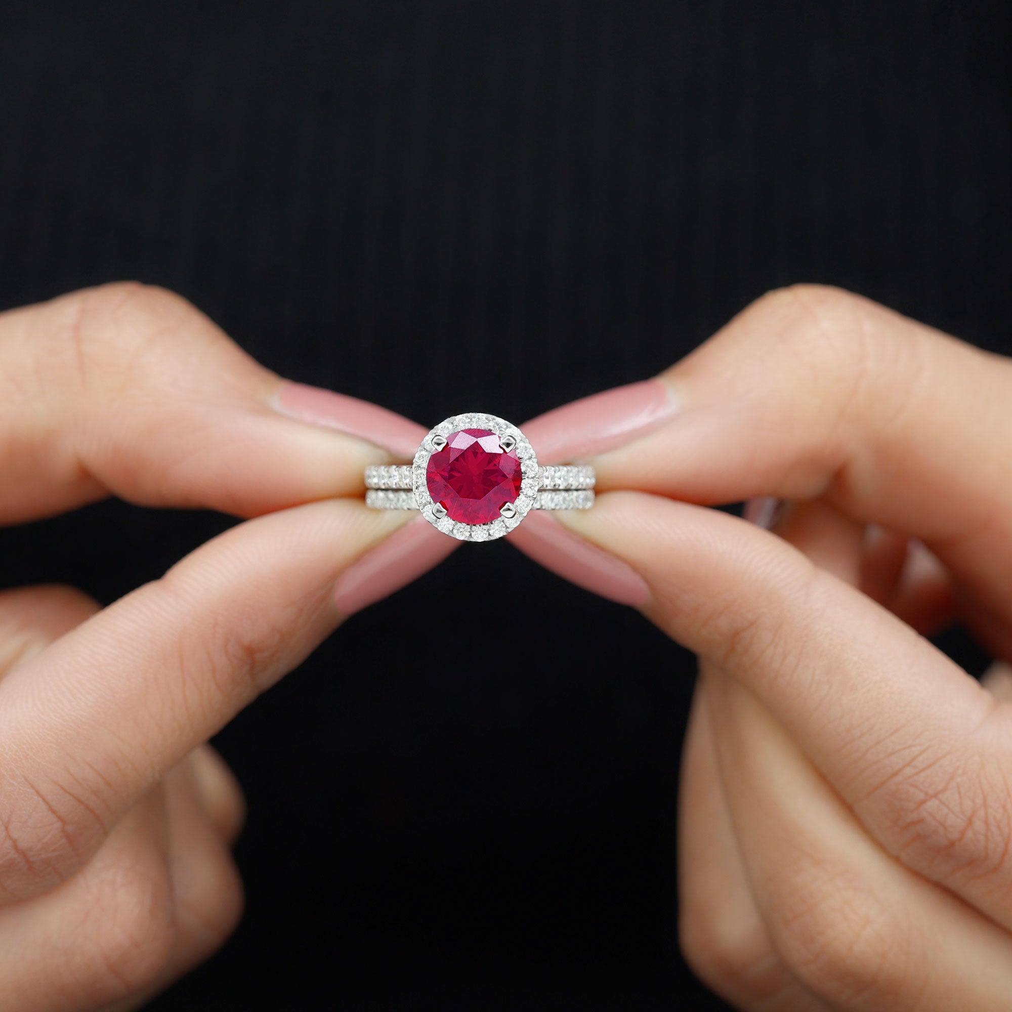 Created Ruby Halo Wedding Ring Set in Gold with Moissanite Lab Created Ruby - ( AAAA ) - Quality - Rosec Jewels