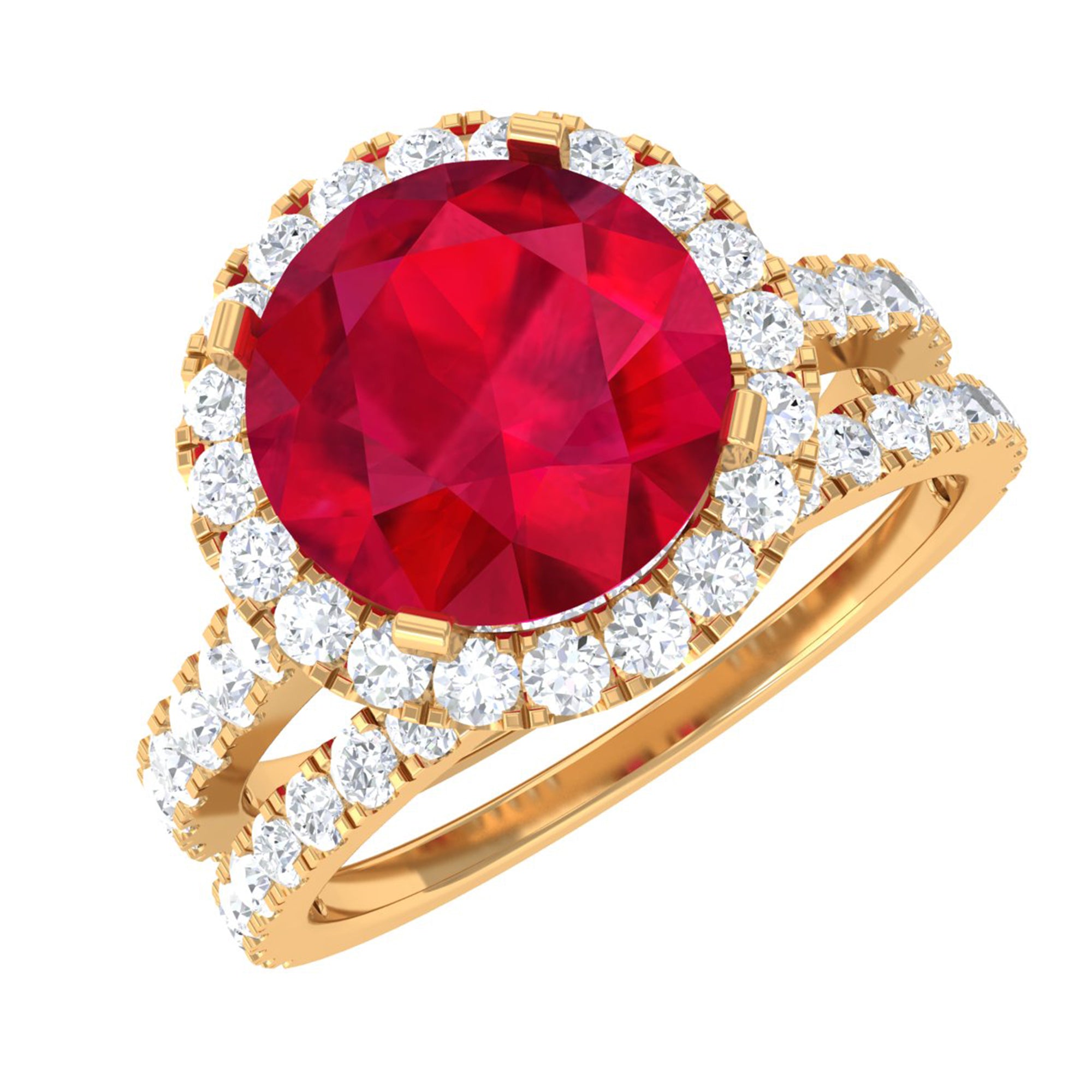 Created Ruby Halo Wedding Ring Set in Gold with Moissanite Lab Created Ruby - ( AAAA ) - Quality - Rosec Jewels