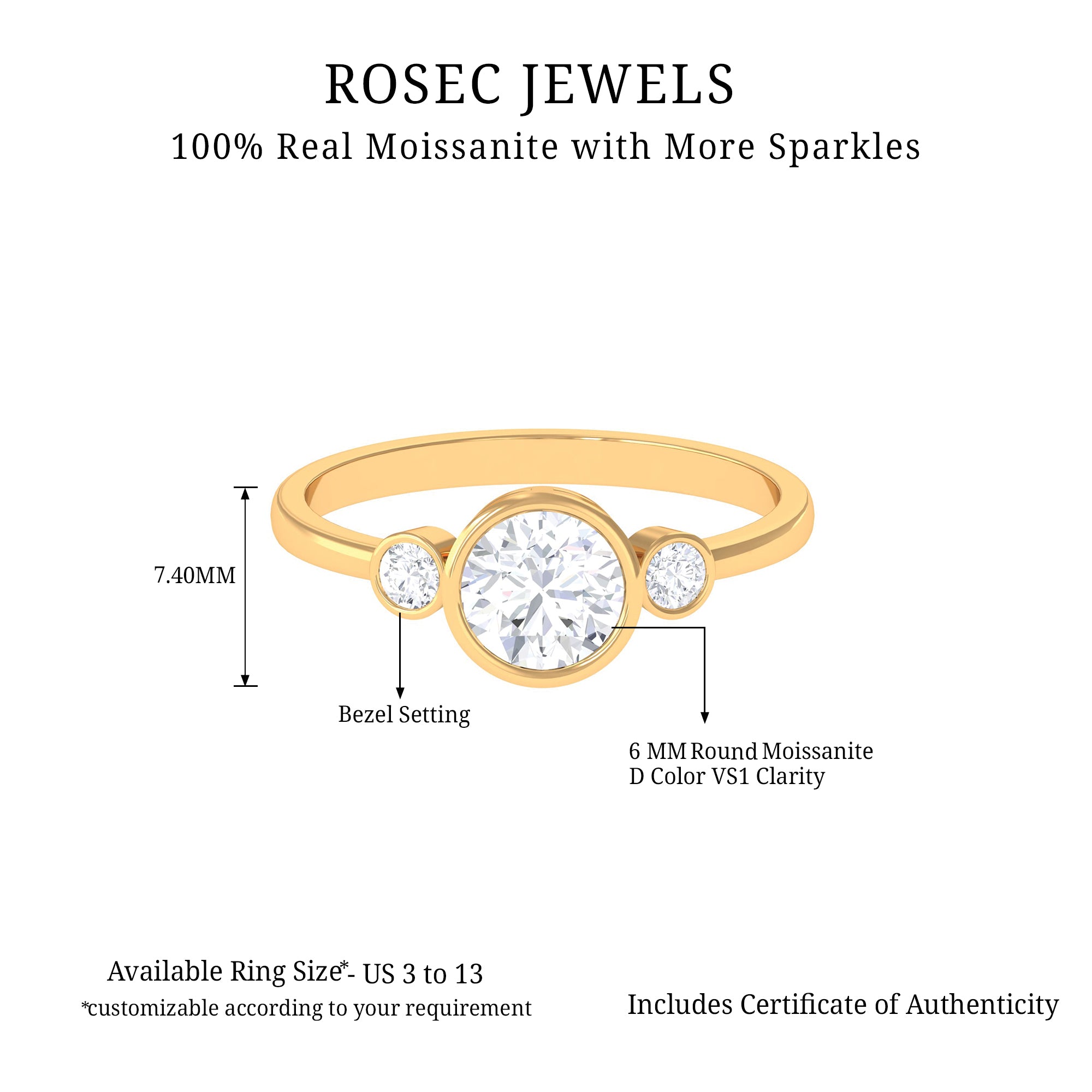 1.25 CT Bezel Set Moissanite Three Stone Engagement Ring Moissanite - ( D-VS1 ) - Color and Clarity - Rosec Jewels