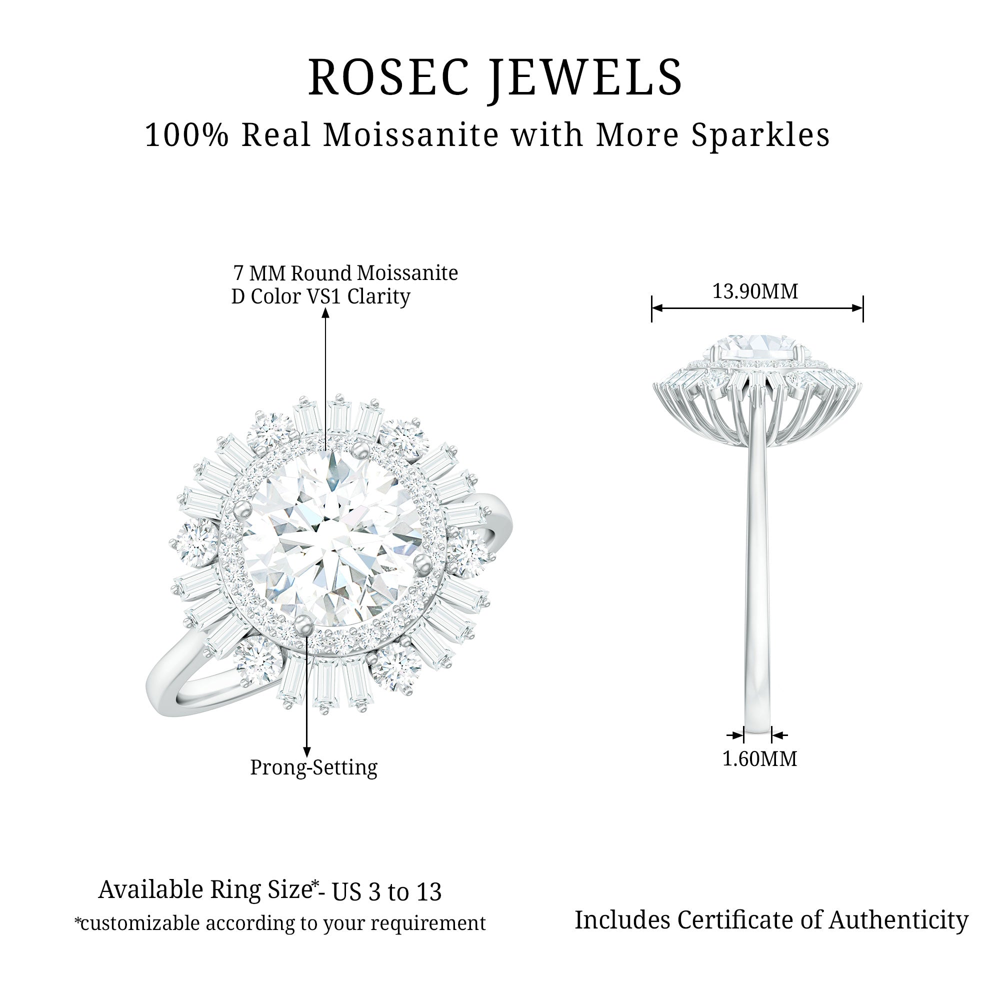 2.25 CT Moissanite Cocktail Engagement Ring in Gold Moissanite - ( D-VS1 ) - Color and Clarity - Rosec Jewels