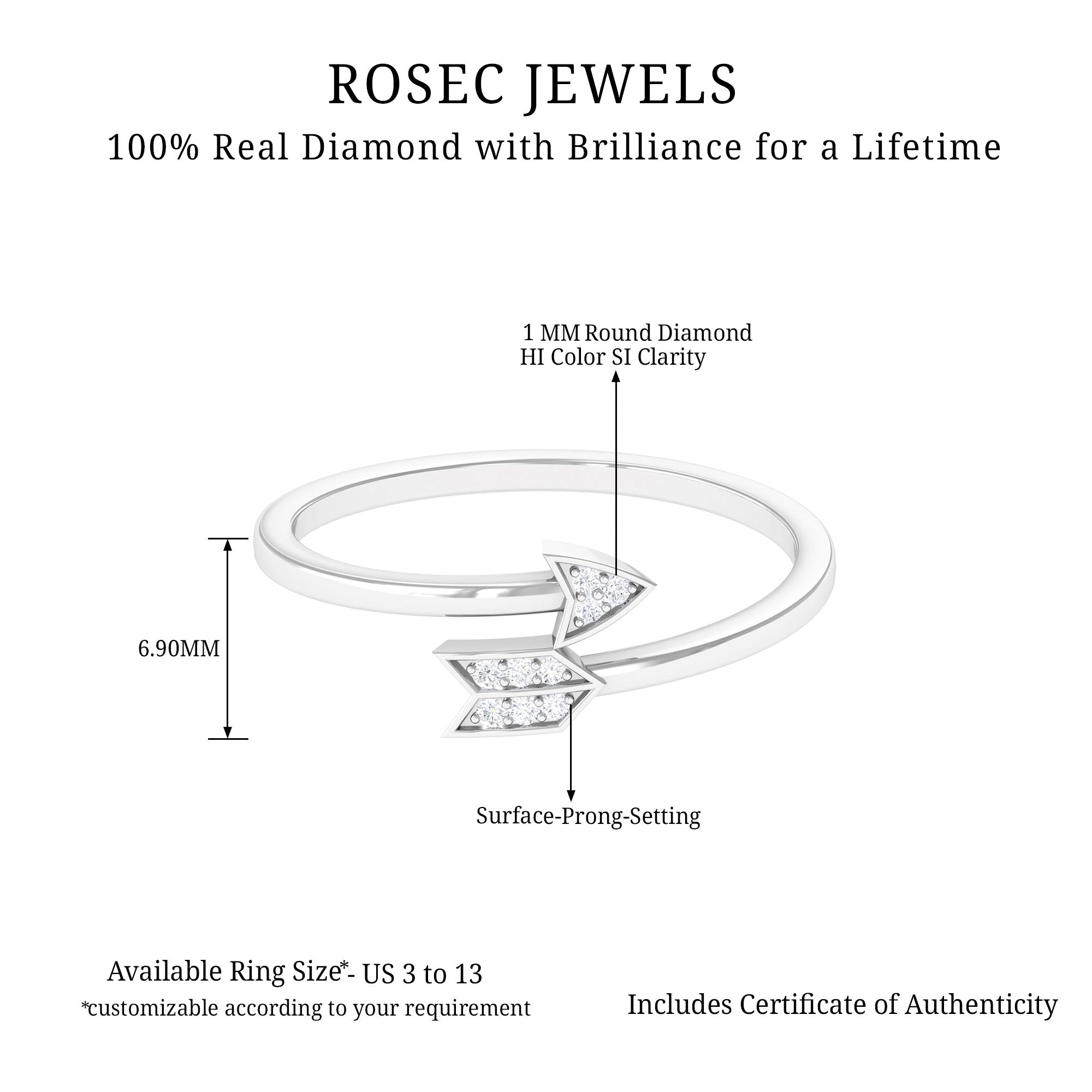 Natural Diamond Minimal Love Arrow Ring in Gold Diamond - ( HI-SI ) - Color and Clarity - Rosec Jewels