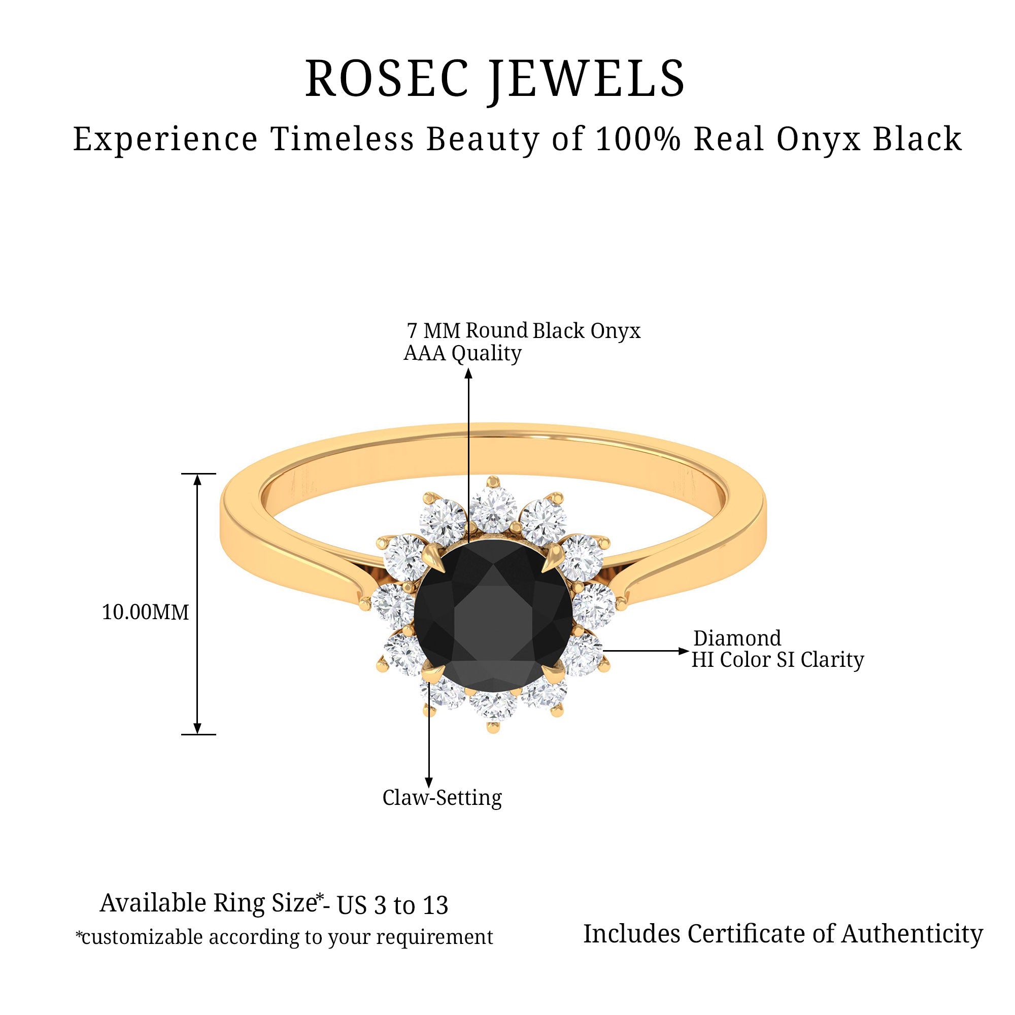 6 MM Black Onyx Engagement Ring with Diamond Accent Black Onyx - ( AAA ) - Quality - Rosec Jewels