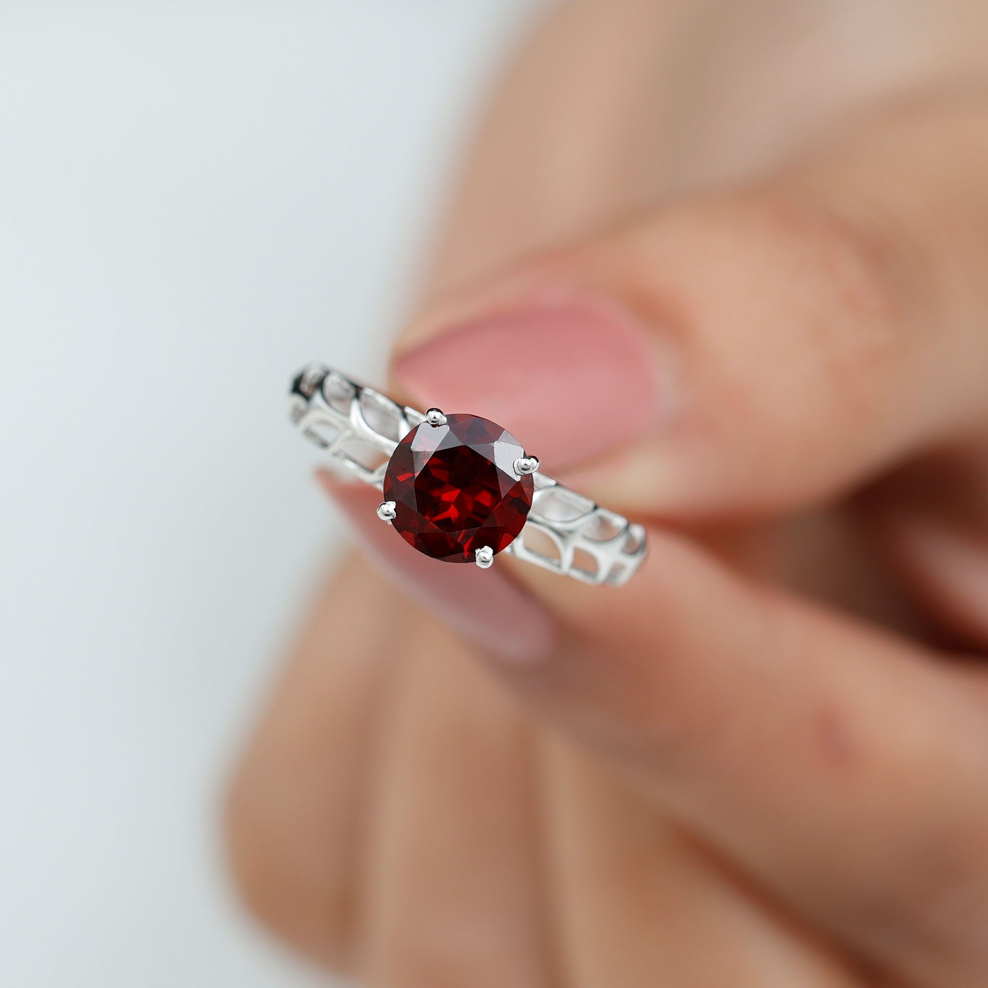 Round Shape Garnet Solitaire and Filigree Ring Garnet - ( AAA ) - Quality - Rosec Jewels