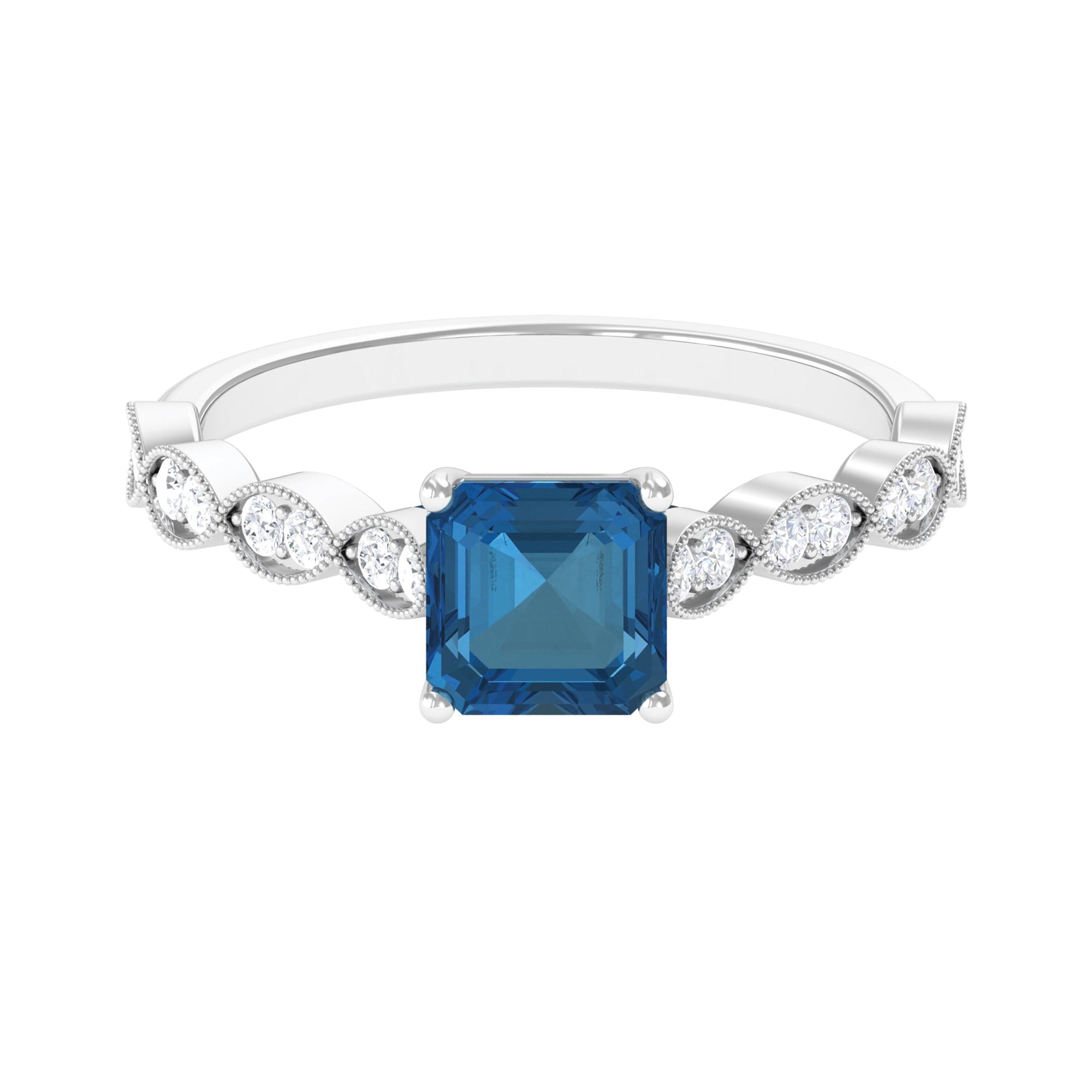 Asscher Cut London Blue Topaz Solitaire Ring with Diamond Side Stones London Blue Topaz - ( AAA ) - Quality - Rosec Jewels