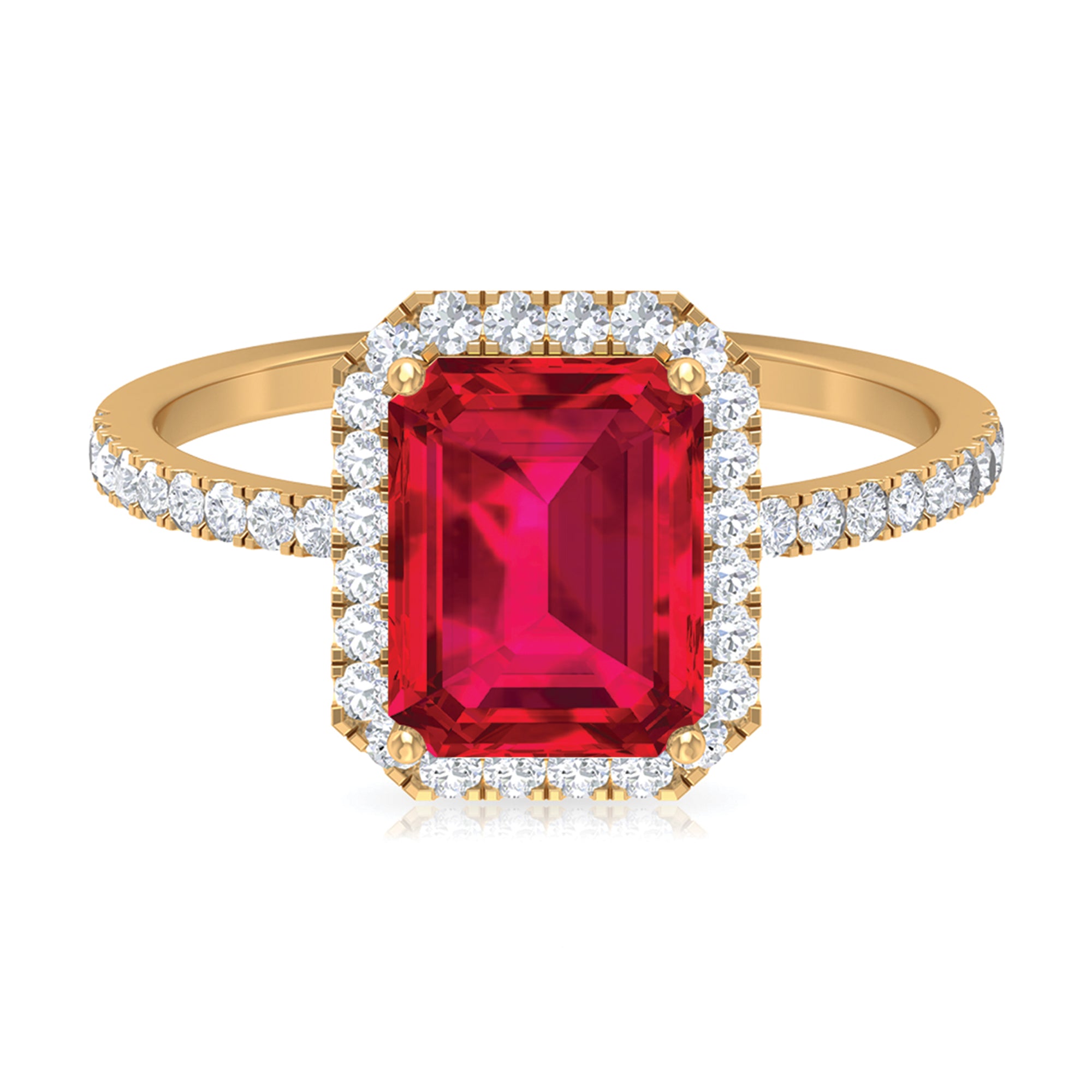 Emerald Cut Lab Grown Ruby Engagement Ring with Diamond Halo Lab Created Ruby - ( AAAA ) - Quality - Rosec Jewels