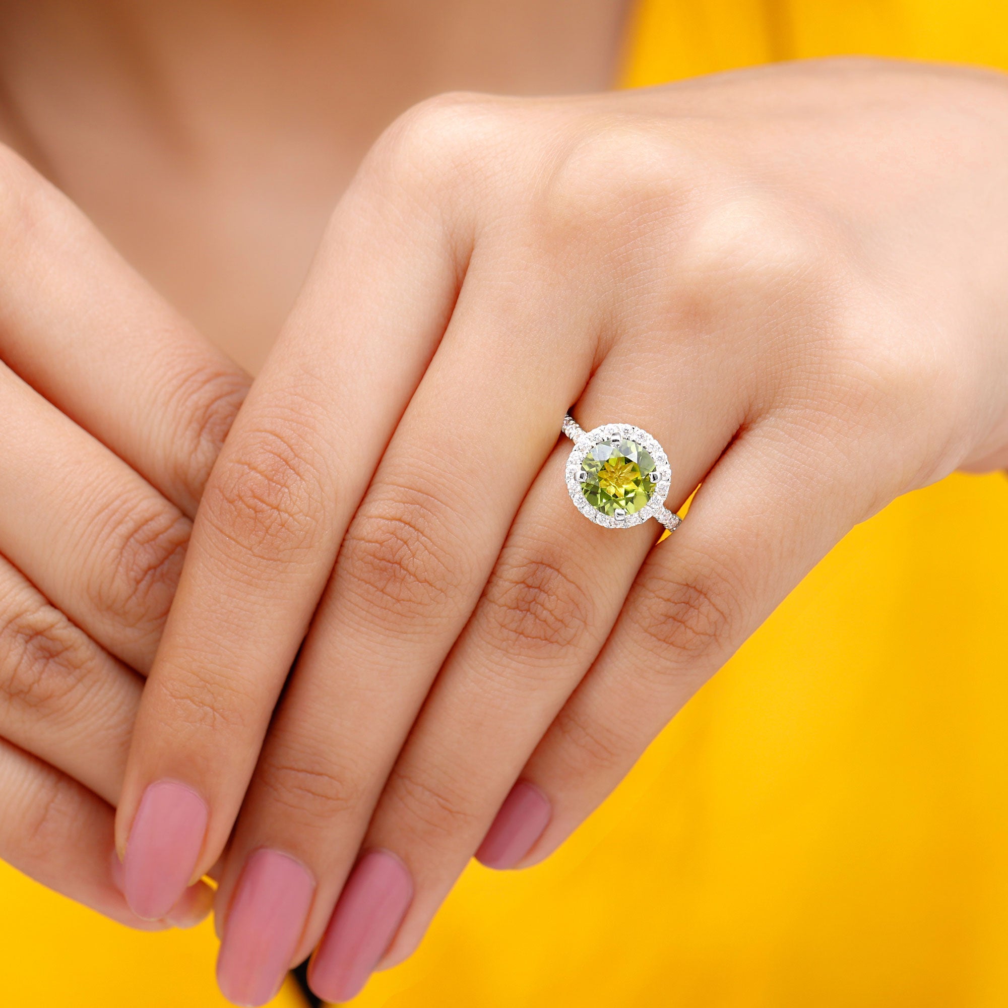 1 CT Peridot Solitaire Ring with Moissanite Accent Ring Peridot - ( AAA ) - Quality - Rosec Jewels