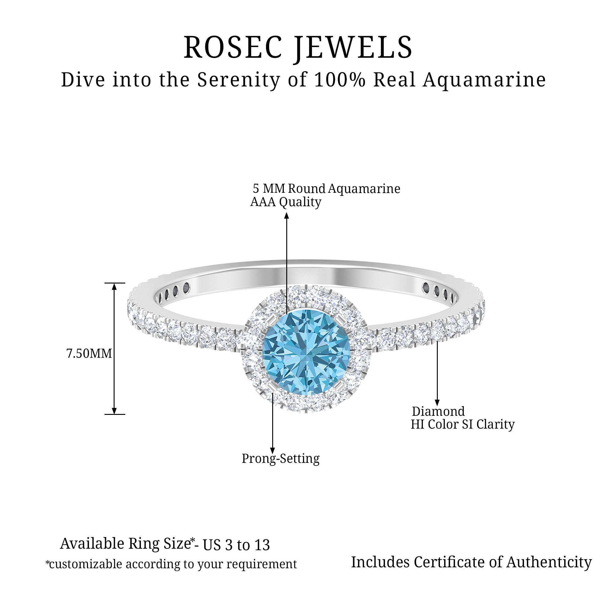 Minimal Blue Aquamarine Ring with Diamond Accent Aquamarine - ( AAA ) - Quality - Rosec Jewels