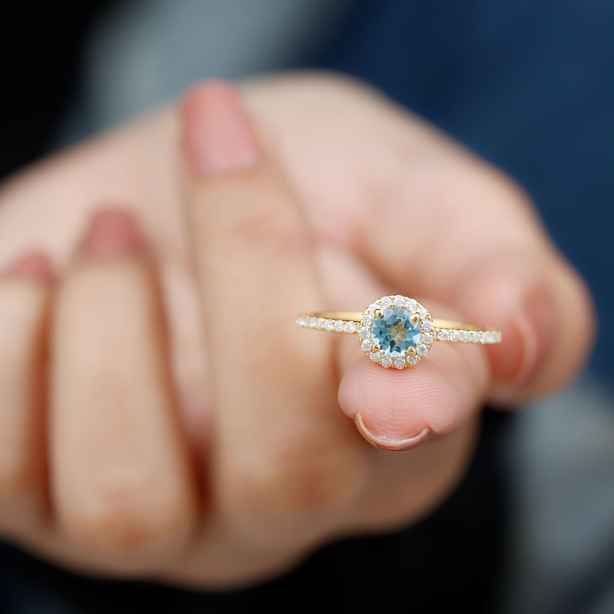 Minimal Blue Aquamarine Ring with Diamond Accent Aquamarine - ( AAA ) - Quality - Rosec Jewels