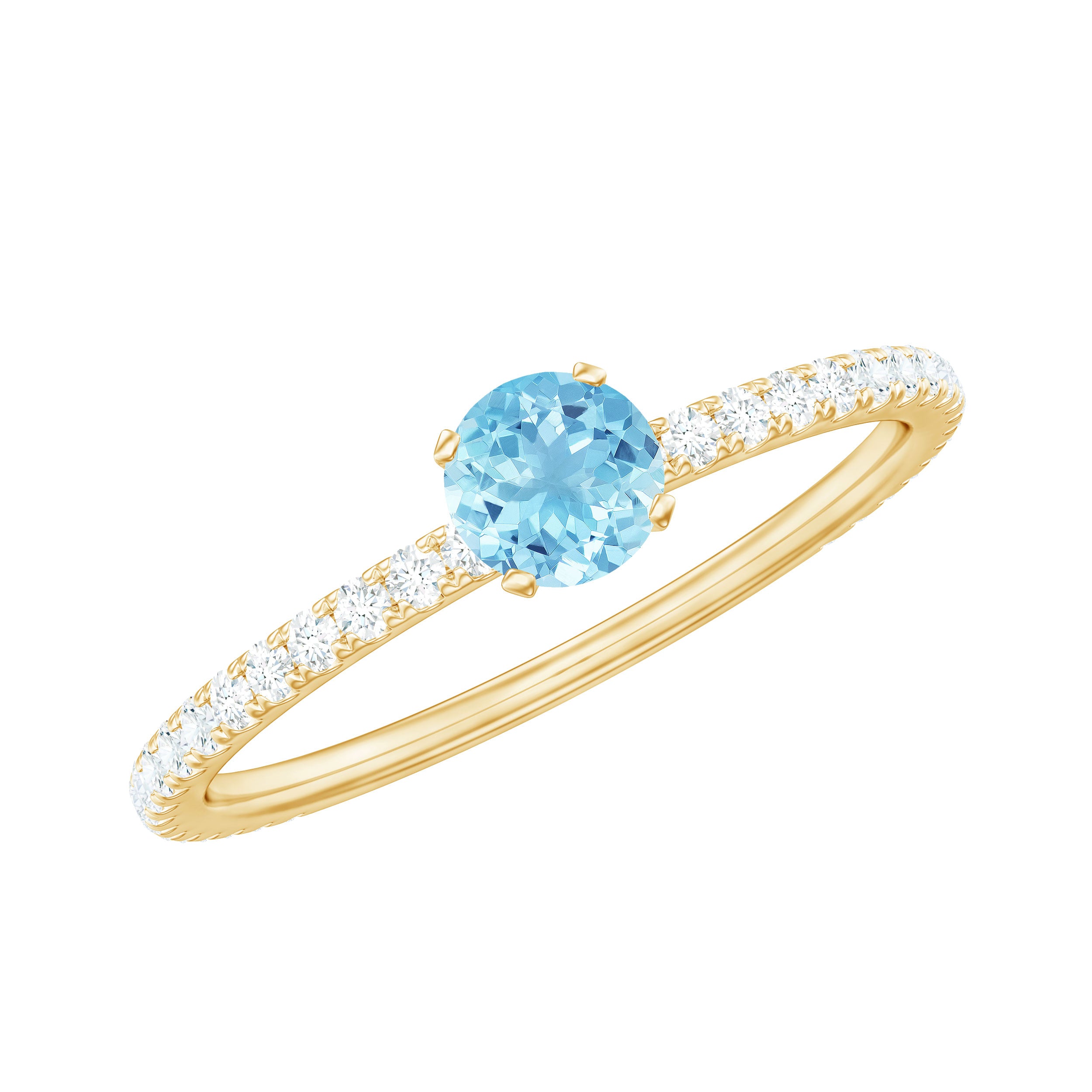 Aquamarine Dainty Solitaire Ring with French Pave Set Diamond Aquamarine - ( AAA ) - Quality - Rosec Jewels