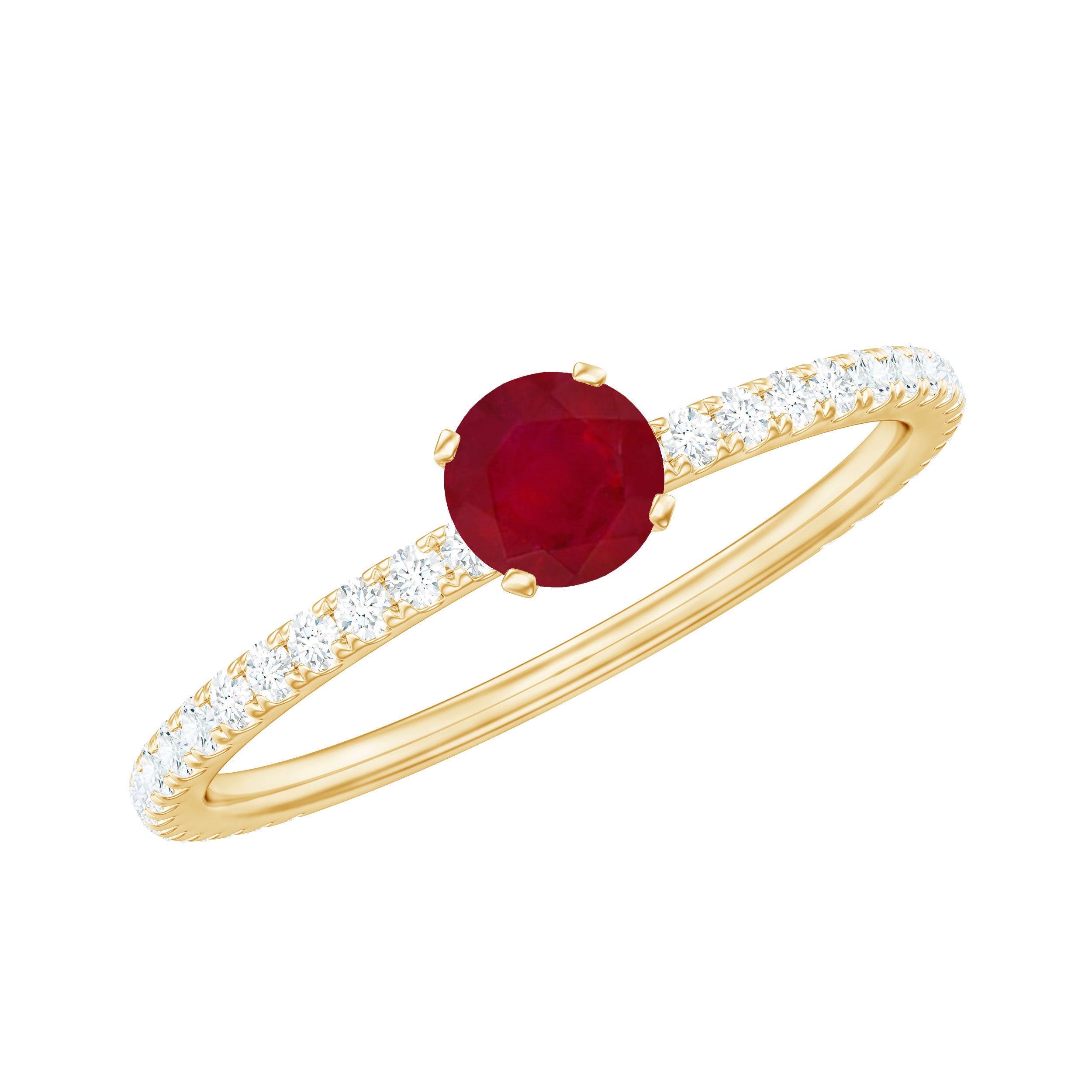 Round Shape Ruby Dainty Solitaire Ring with Diamond Ruby - ( AAA ) - Quality - Rosec Jewels