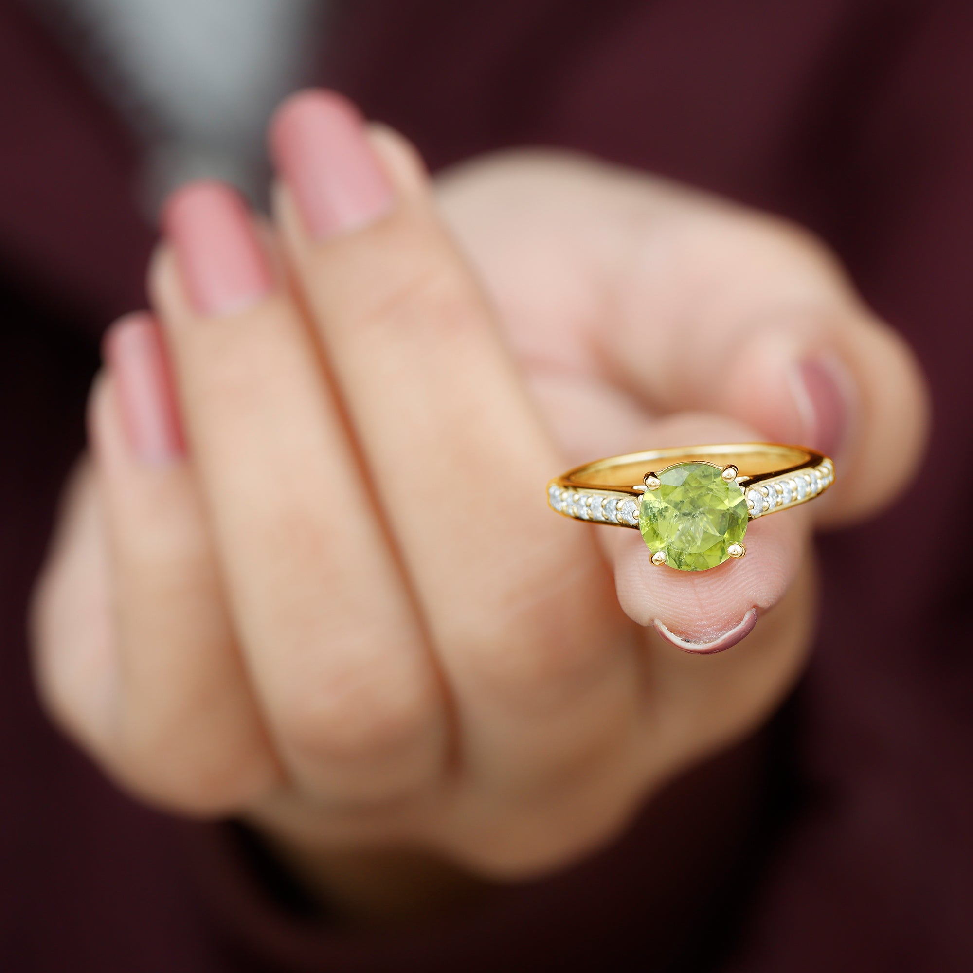 Natural Peridot Solitaire Engagement Ring with Diamond Side Stones Peridot - ( AAA ) - Quality - Rosec Jewels