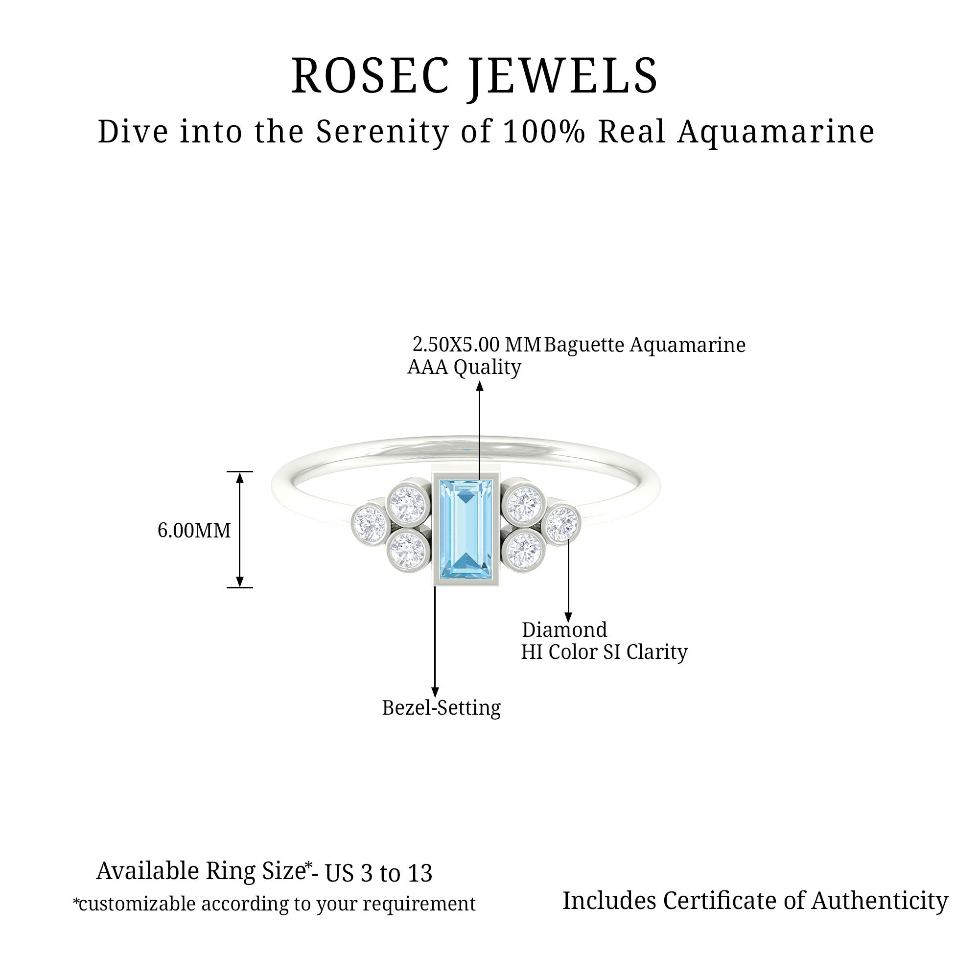 Baguette Aquamarine Solitaire Promise Ring with Diamond Aquamarine - ( AAA ) - Quality - Rosec Jewels