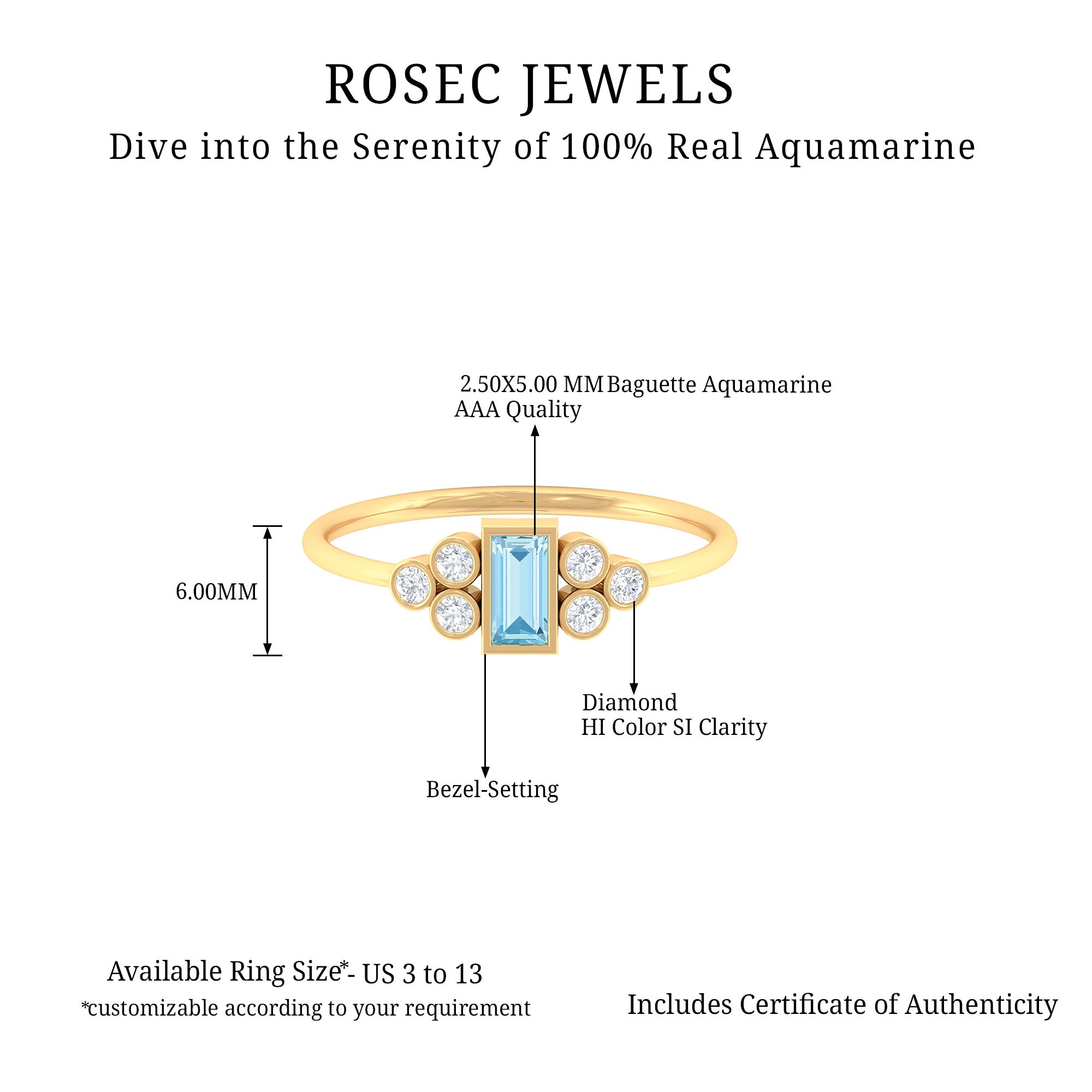 Baguette Aquamarine Solitaire Promise Ring with Diamond Aquamarine - ( AAA ) - Quality - Rosec Jewels