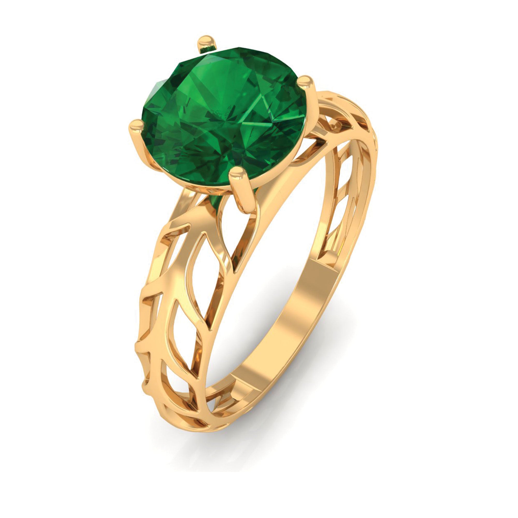 8 MM Round Created Emerald Solitaire Engagement Ring with Gold Filigree Details Lab Created Emerald - ( AAAA ) - Quality - Rosec Jewels